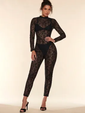 Floral Lace Mock Neck Jumpsuit Without Bodysuit