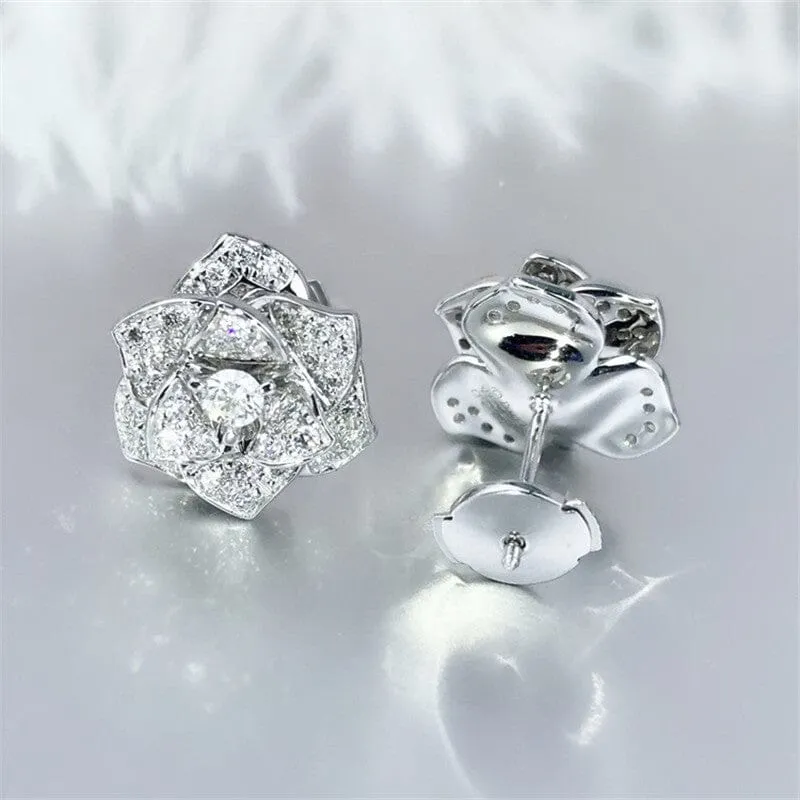 Flower Diamond Stud Earrings - 925 Sterling Silver