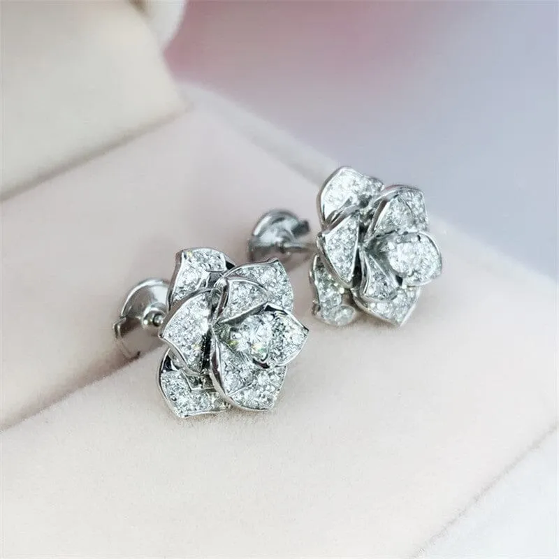 Flower Diamond Stud Earrings - 925 Sterling Silver