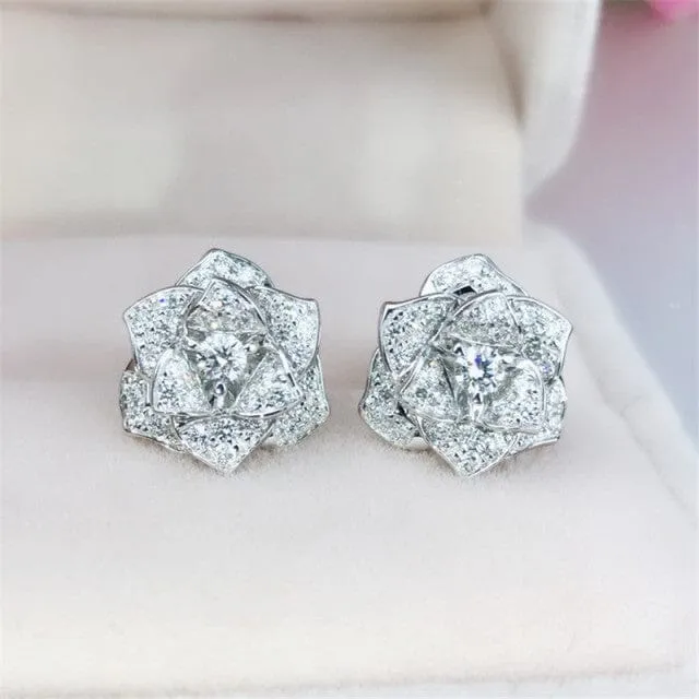 Flower Diamond Stud Earrings - 925 Sterling Silver