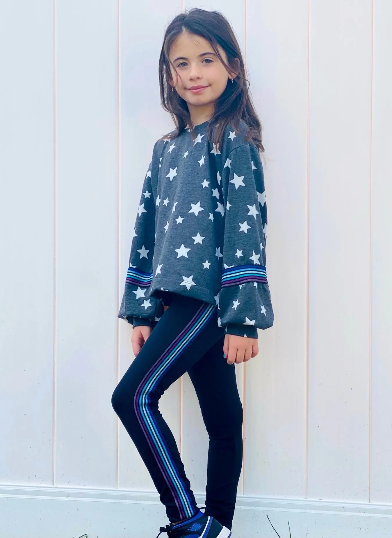 French Terry Balloon Sleeve Sweatshirt - Charcoal Star Blue Purple Stripe