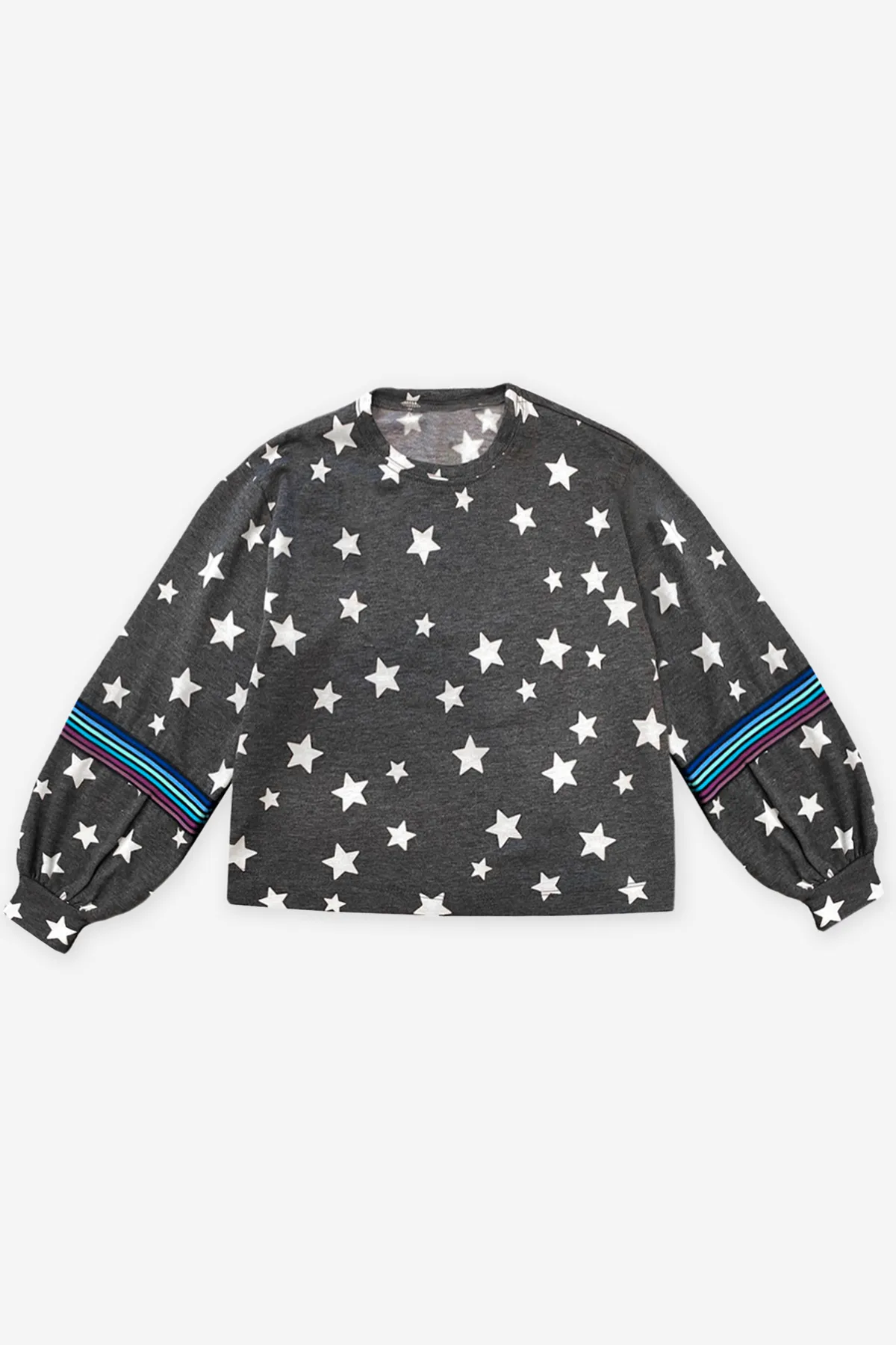 French Terry Balloon Sleeve Sweatshirt - Charcoal Star Blue Purple Stripe