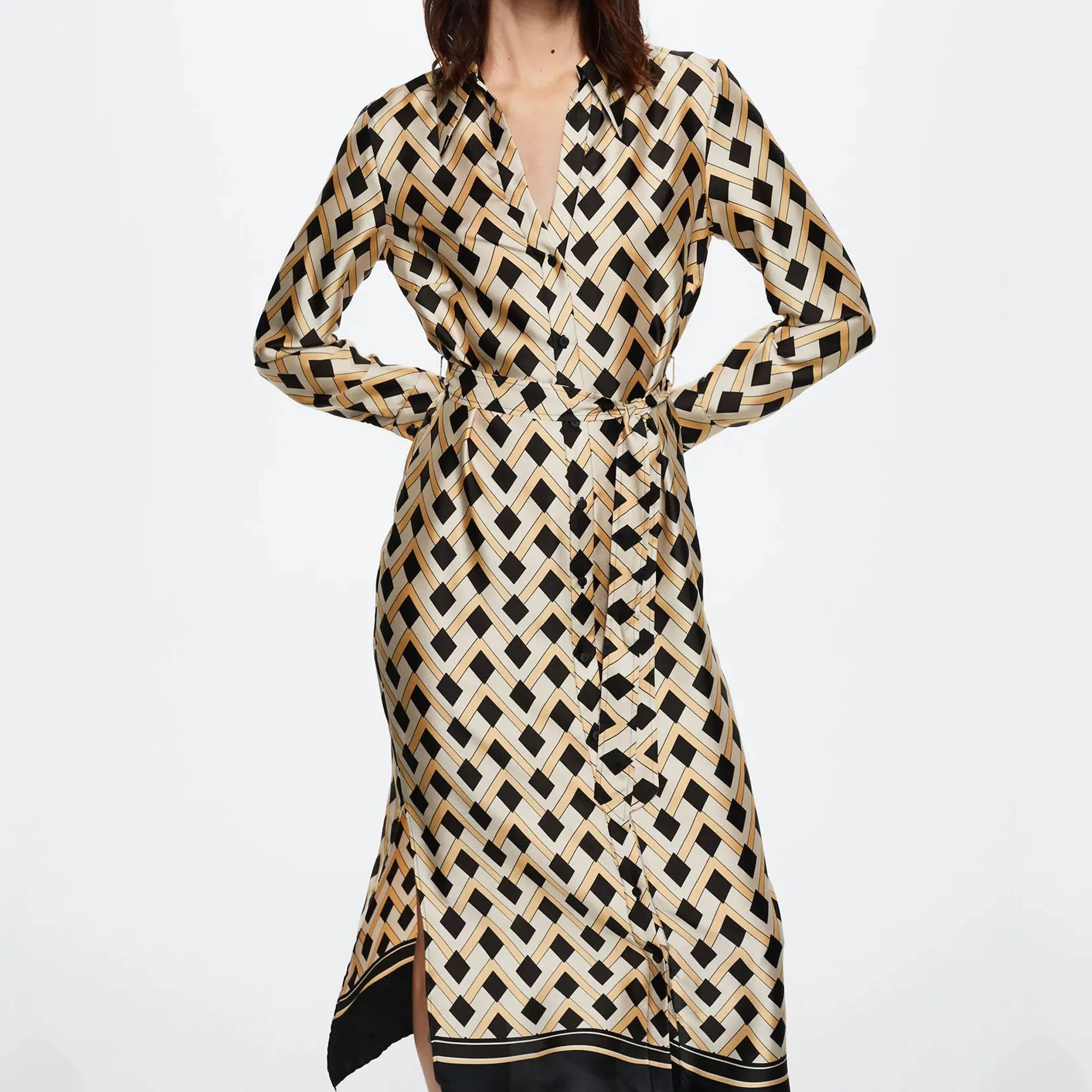 Geometric Gold & Black Belted Shirt Dress J5904