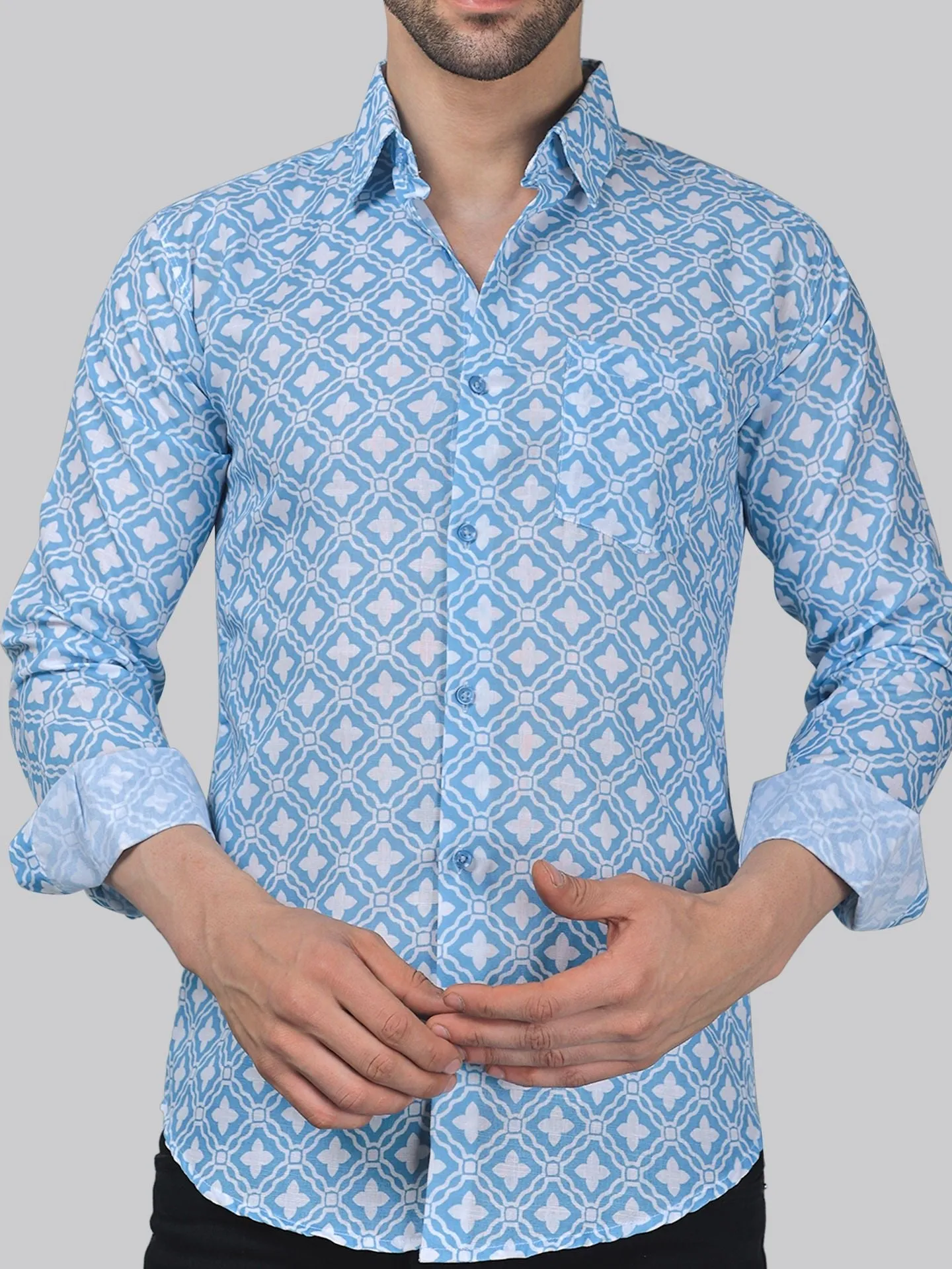 Glam-urban Men's Printed Full Sleeve Cotton Button-Up Shirt For Men