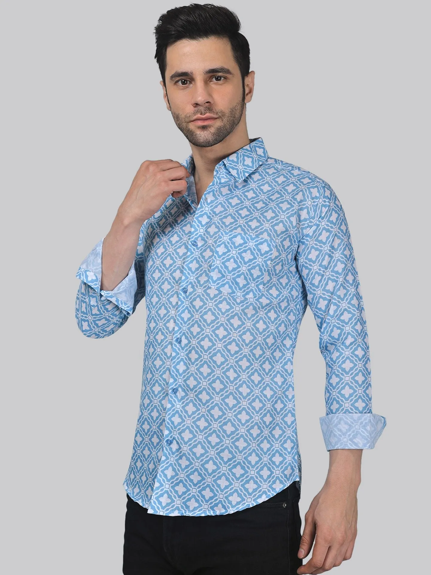 Glam-urban Men's Printed Full Sleeve Cotton Button-Up Shirt For Men