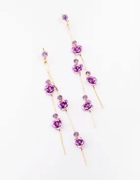 Gold Climbing Purple Rose Drop Earrings