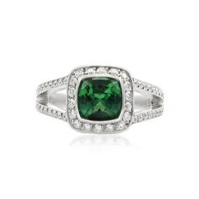 Handmade platinum green tourmaline & diamond ring WITH ENGRAVED UNDER GALLERY