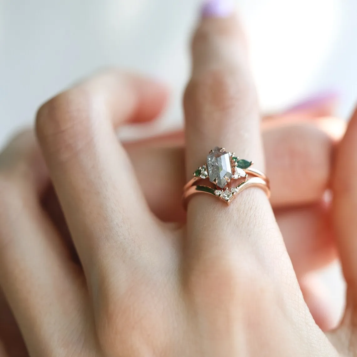 Hexagon Salt And Pepper Diamond Ring Set