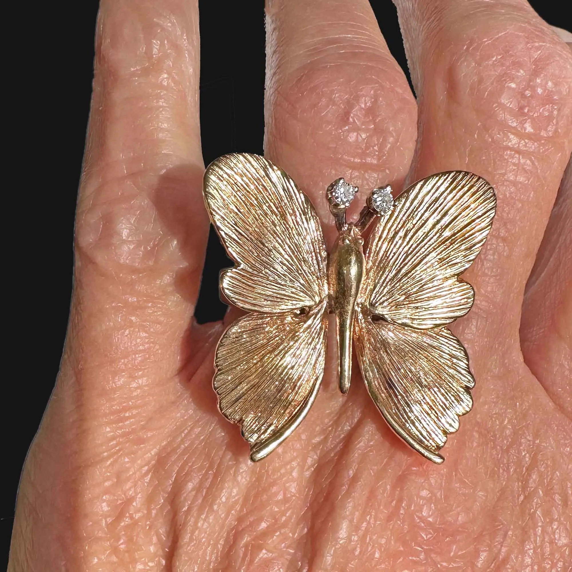 Impressive Diamond Textured 14K Gold Butterfly Ring