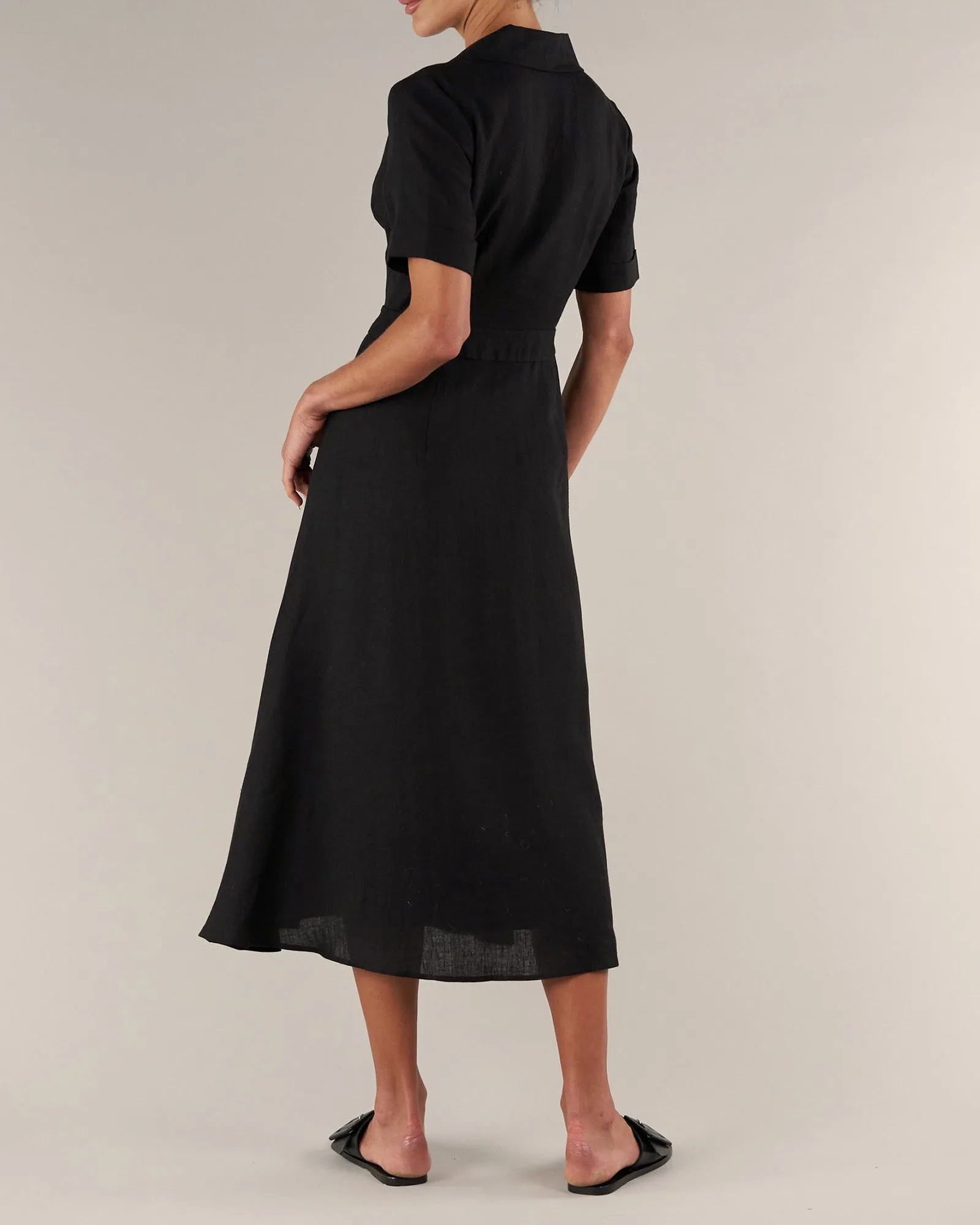 Ines Linen Tie Front Dress - Black