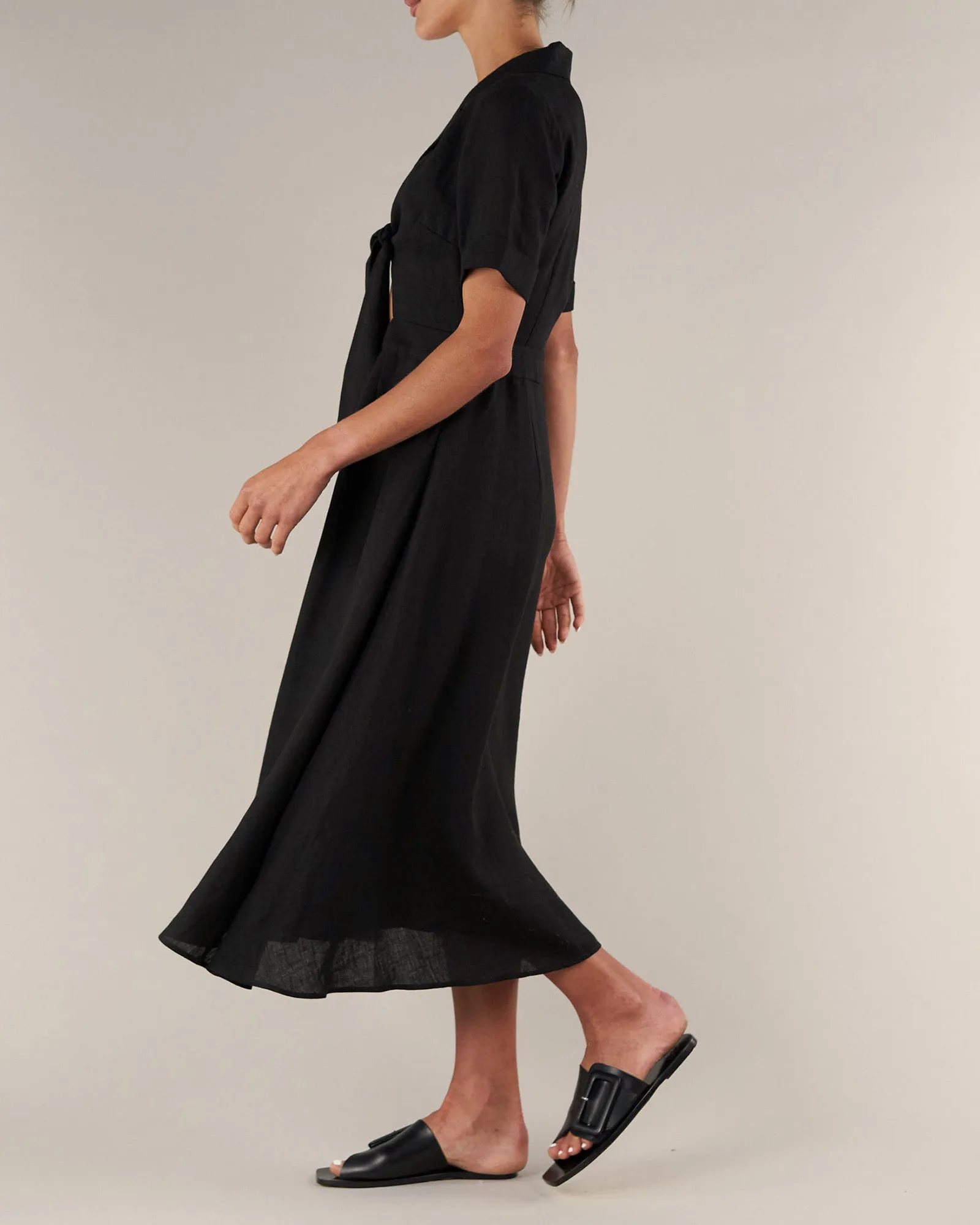 Ines Linen Tie Front Dress - Black