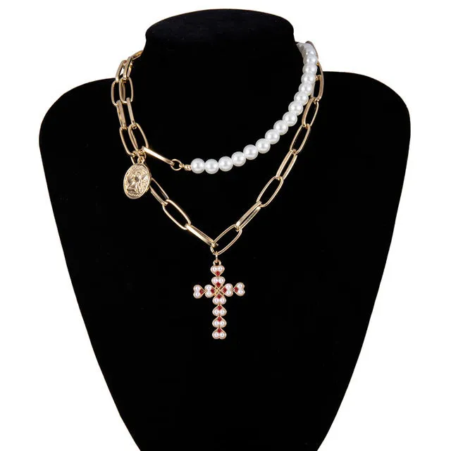 IngeSight.Z Punk Multi Layered Pearl Choker Necklace