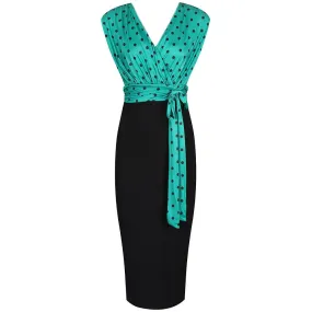 Jade Green And Black Polka Wrap Effect Bodycon Midi Dress