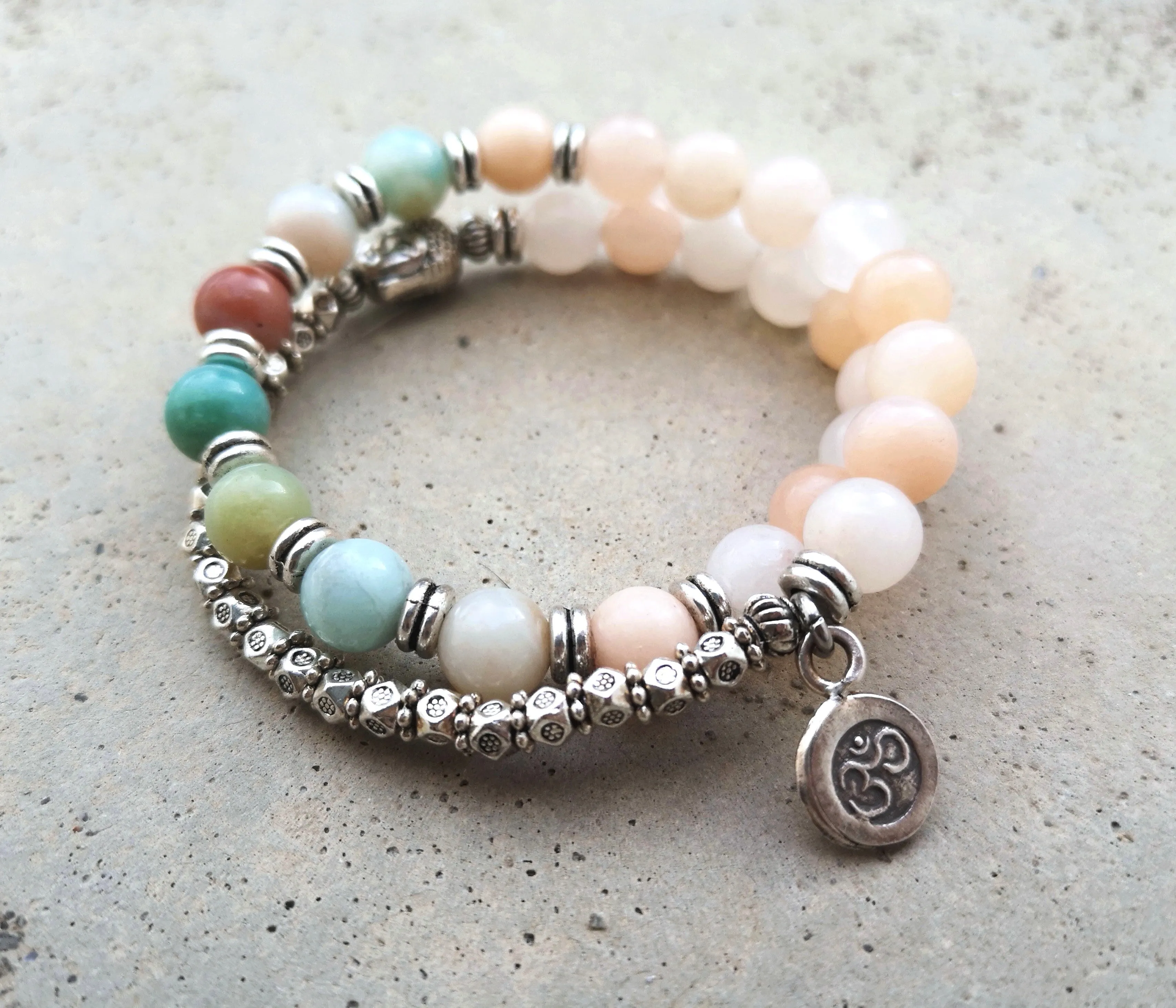 Japa Mala Wrist Bracelet in Aventurine, Amazonite, Buddha Head Bead, Stamped OM Charm