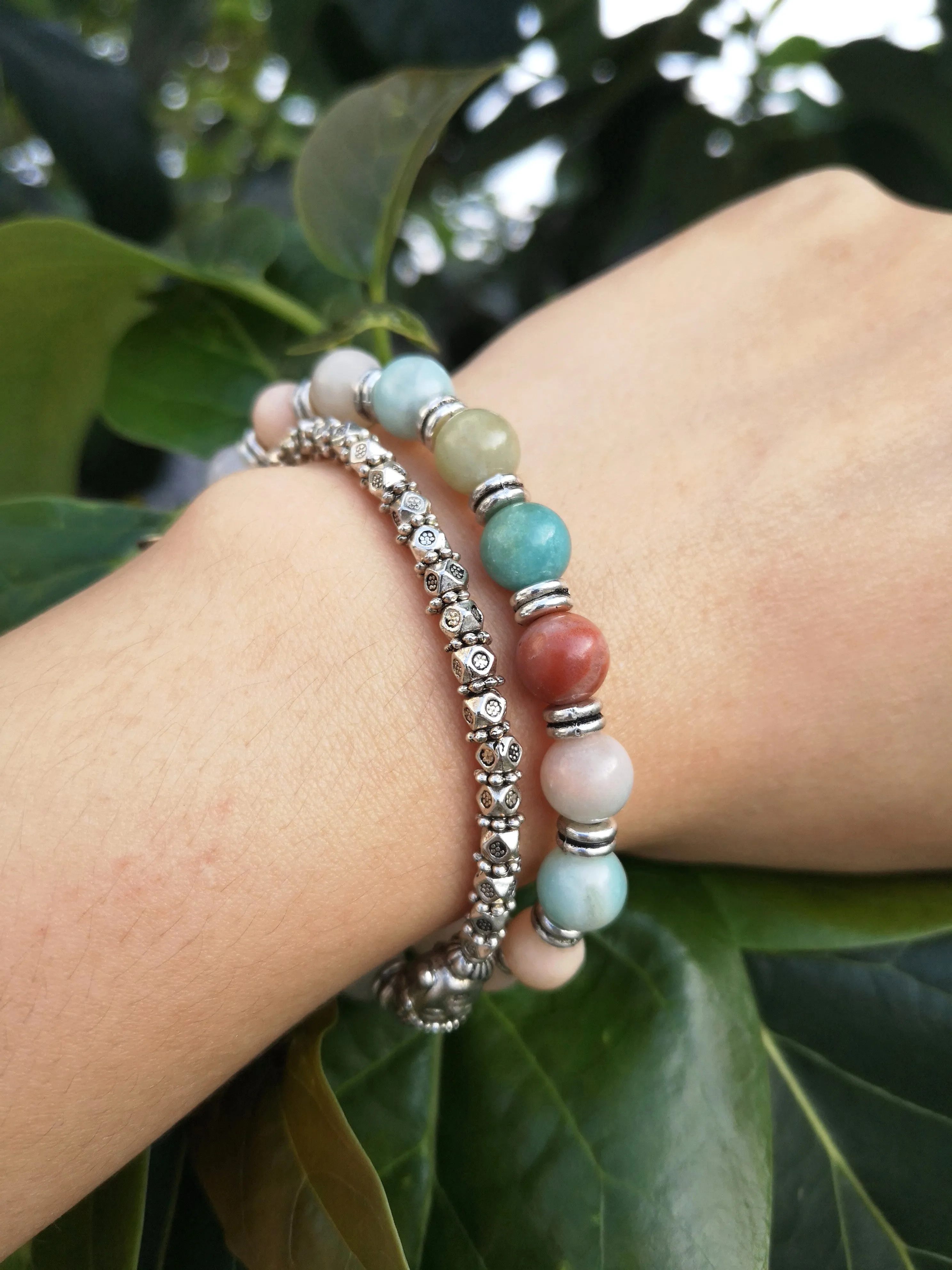 Japa Mala Wrist Bracelet in Aventurine, Amazonite, Buddha Head Bead, Stamped OM Charm