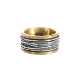 John Varvatos men's distressed brass ring with sterling silver wire wrap center