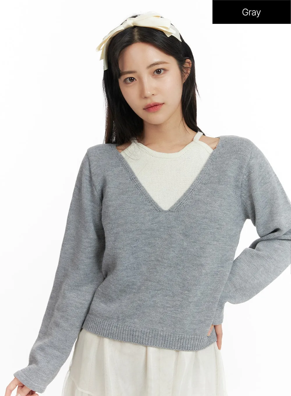 Layered V-Neck Knit Sweater OF419