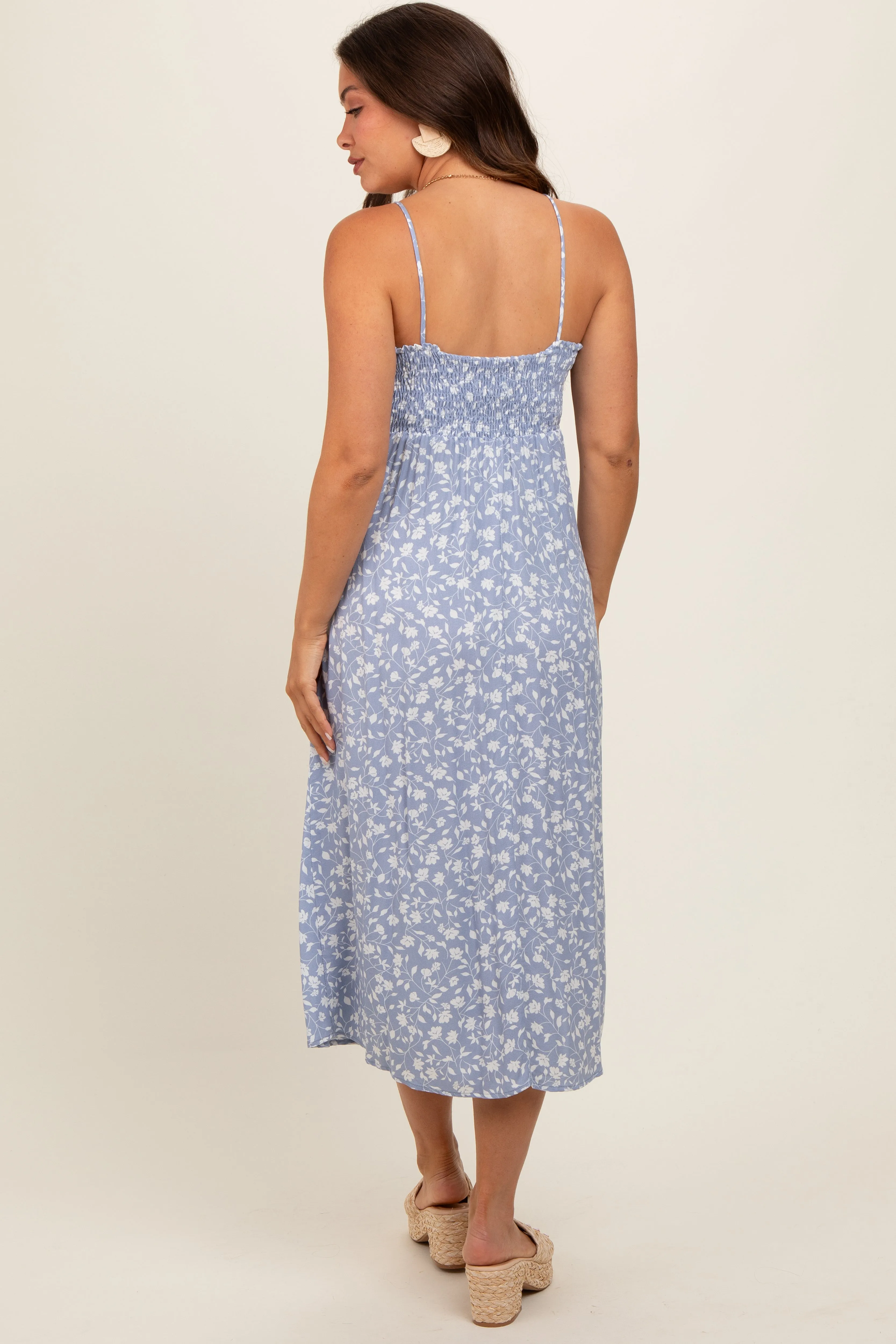 Light Blue Floral Side Slit Maternity Midi Dress