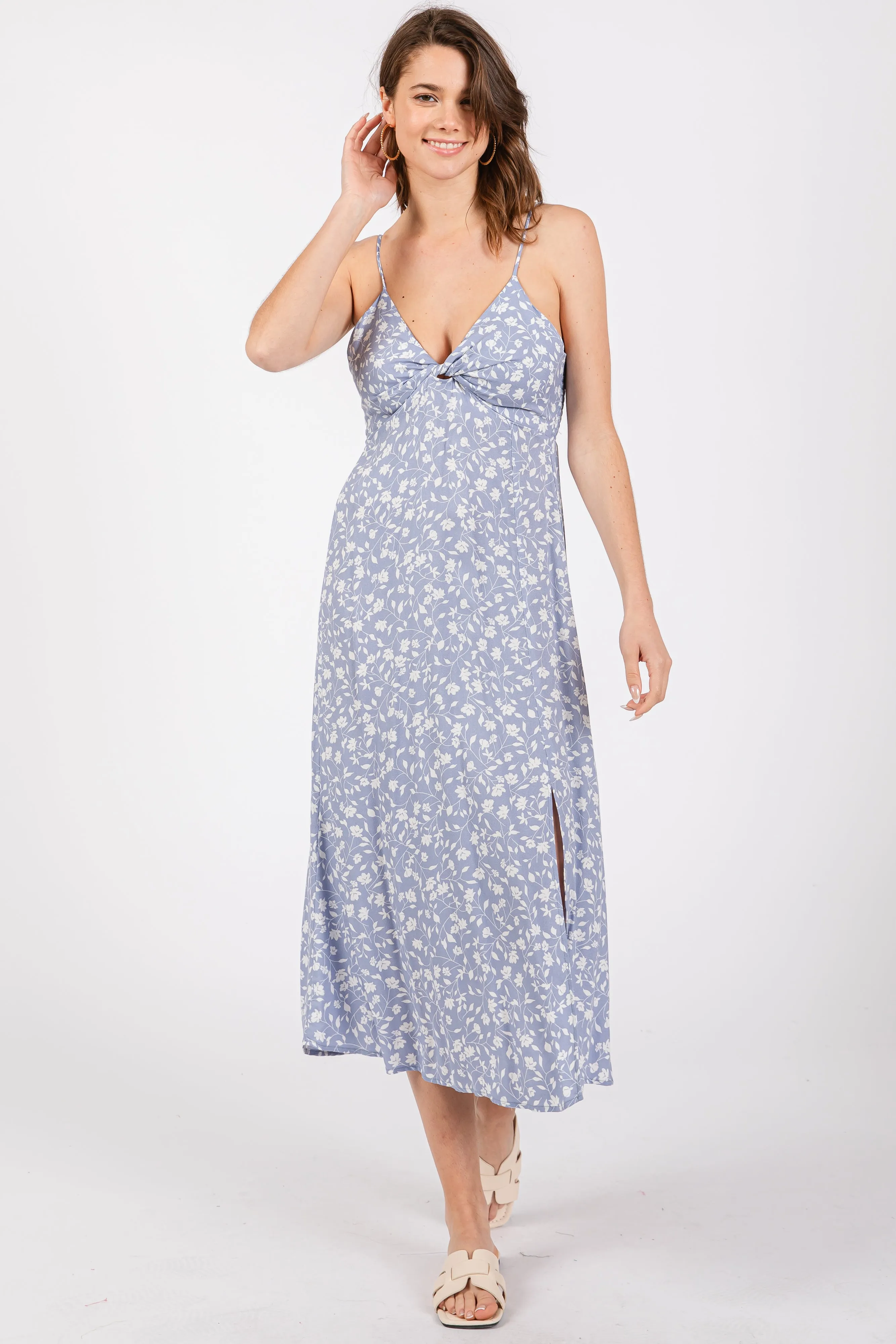 Light Blue Floral Side Slit Maternity Midi Dress