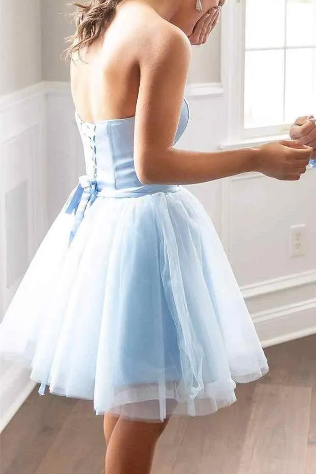 Light Blue Strapless A Line Lace up Short Homecoming Dresses