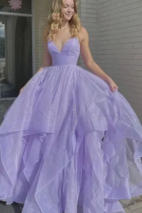 Lilac Spaghetti-Strap V-Neck A-Line Long Prom Dress With Tulle