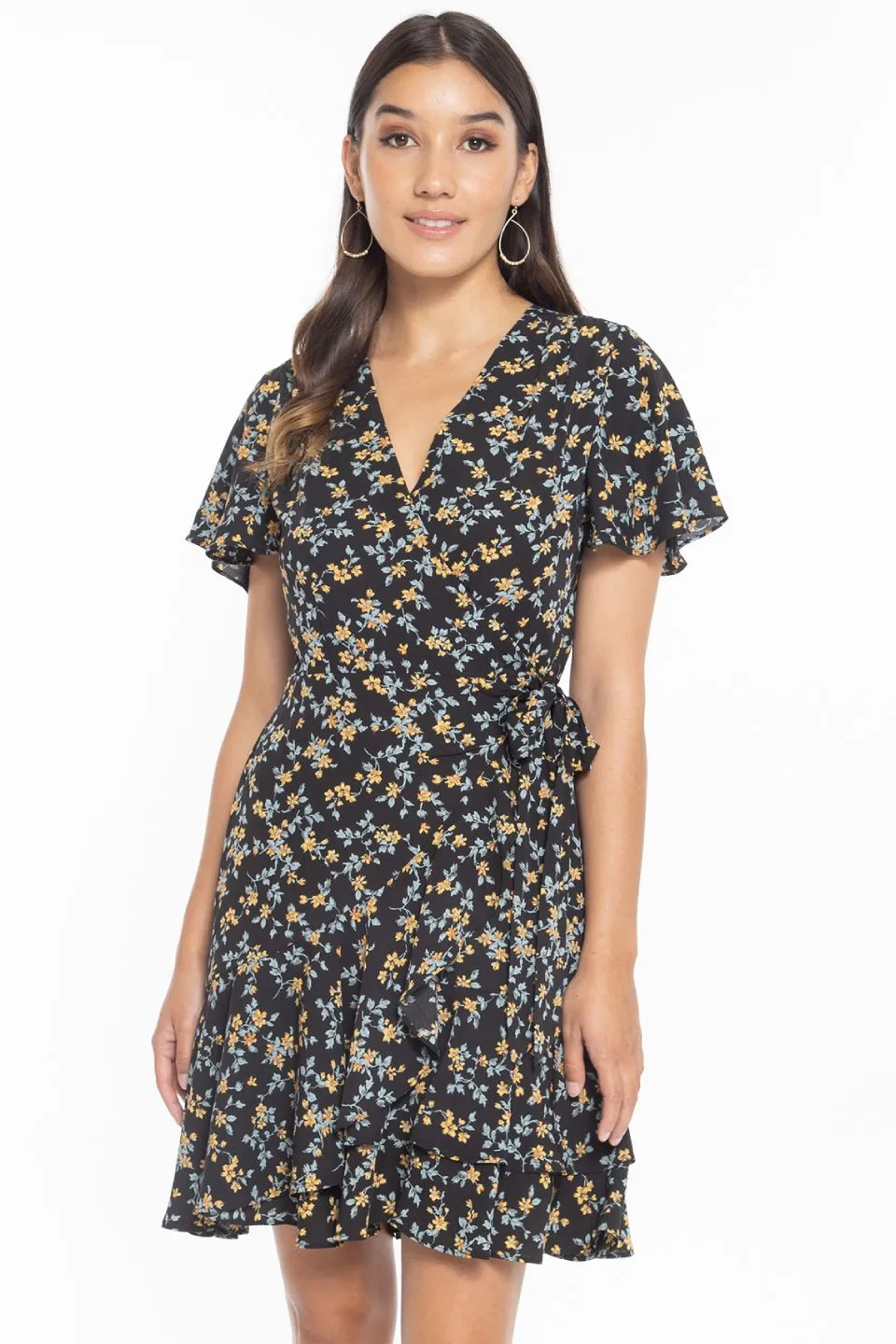 Loving Black Magnolia Flower SS Wrap Mini Dress