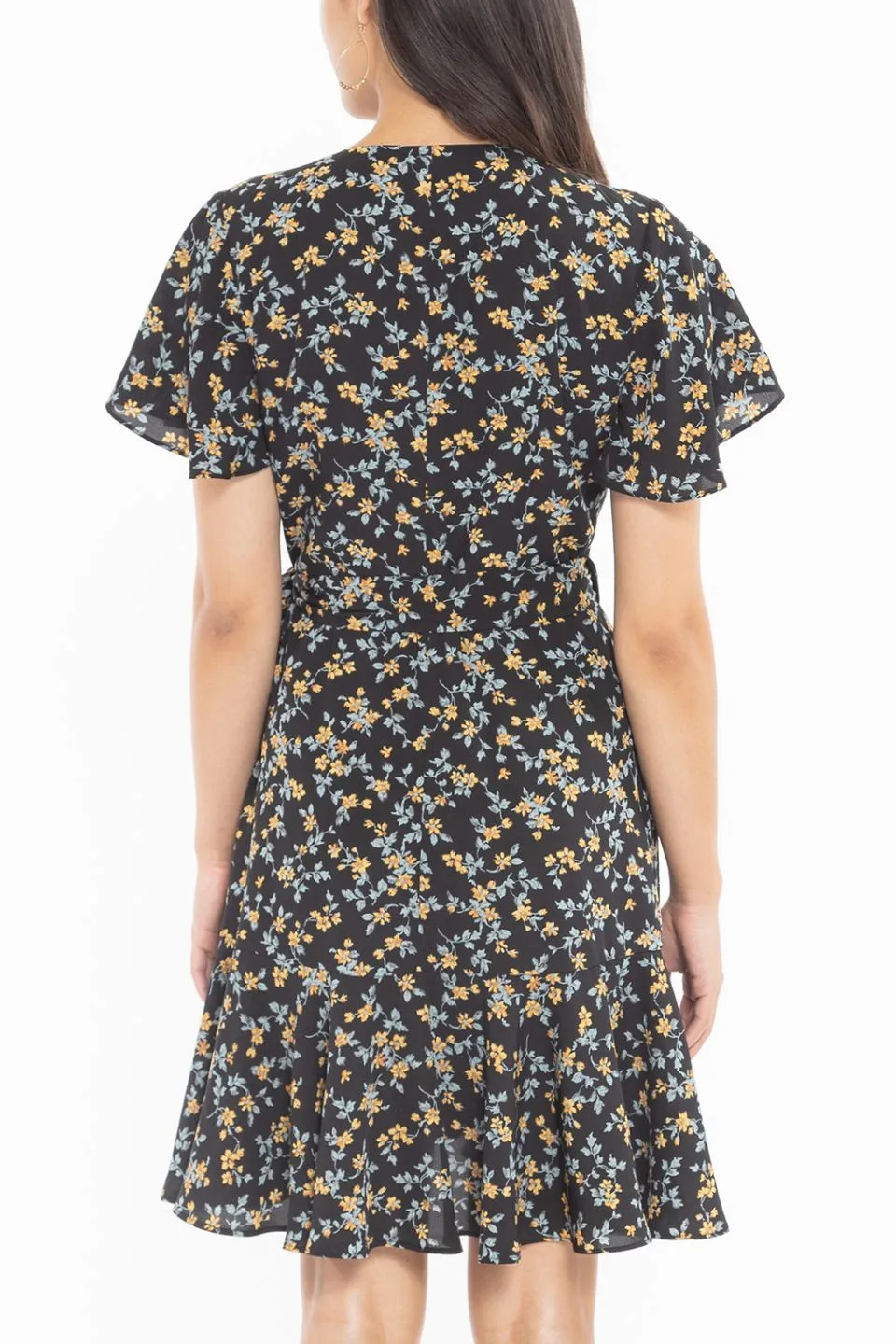 Loving Black Magnolia Flower SS Wrap Mini Dress