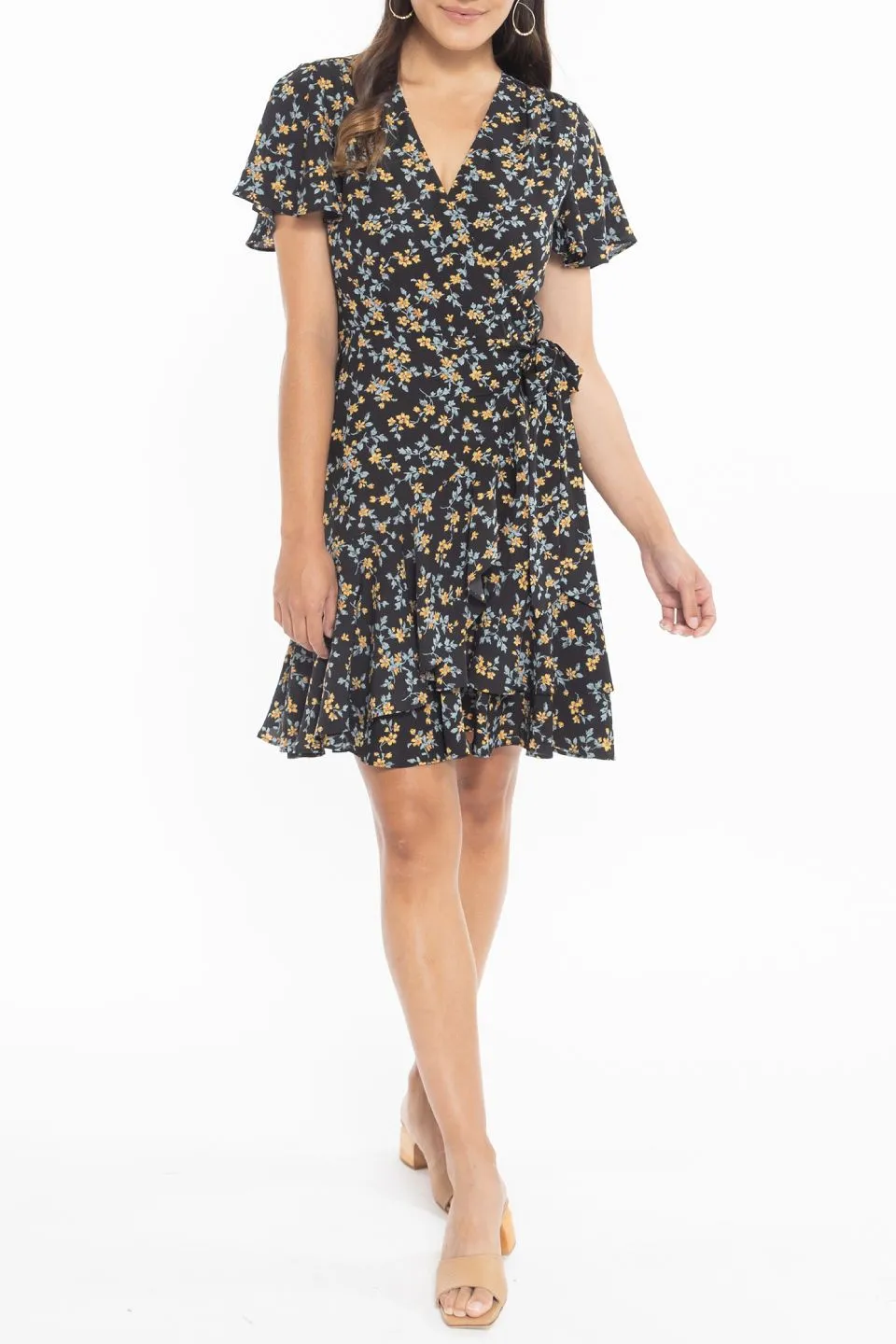 Loving Black Magnolia Flower SS Wrap Mini Dress