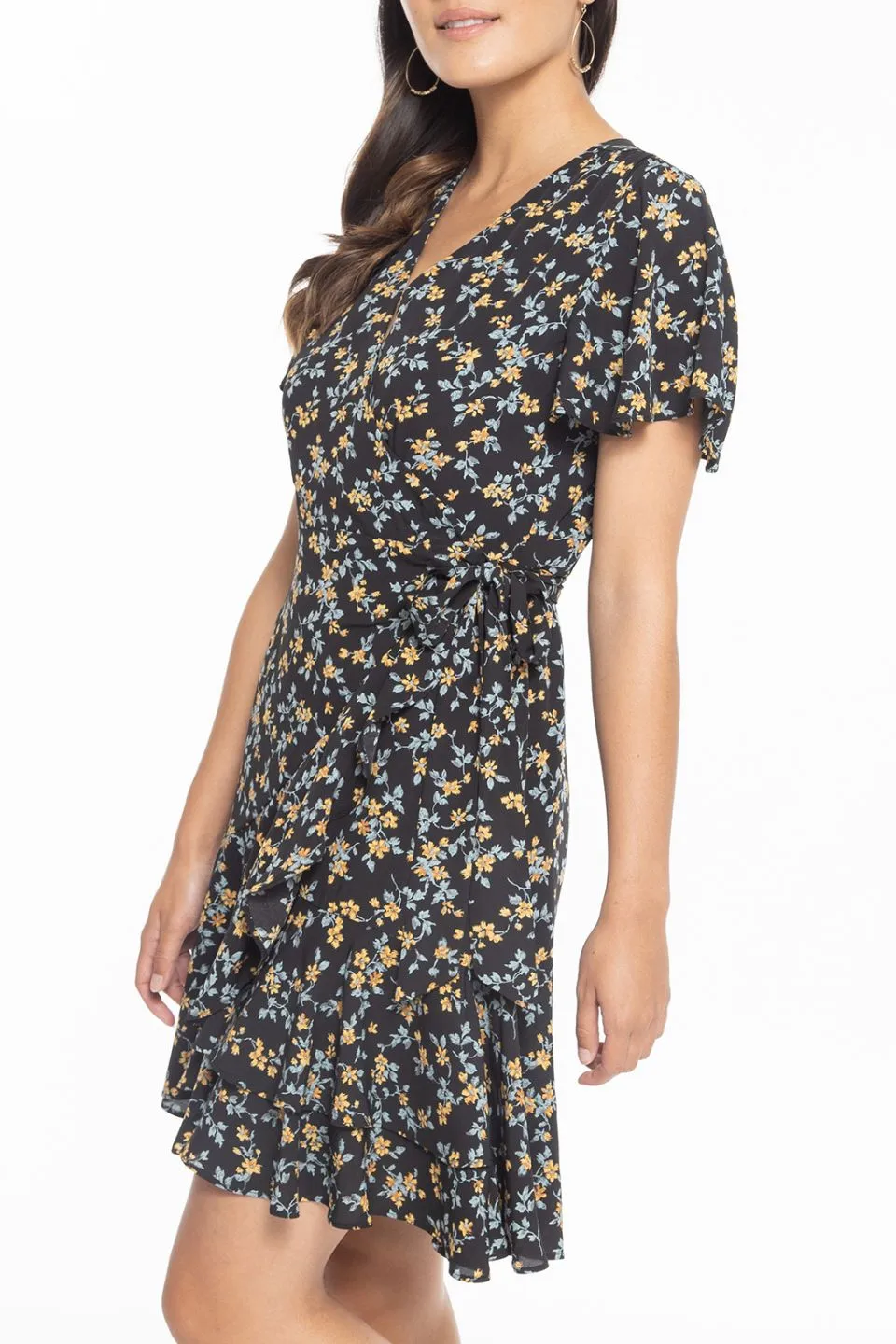 Loving Black Magnolia Flower SS Wrap Mini Dress