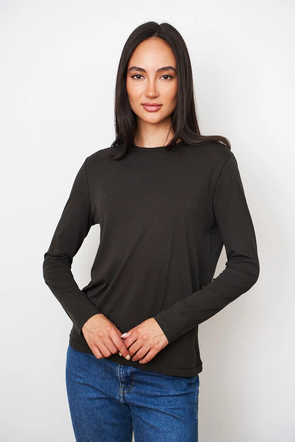 Lyocell Cotton Long Sleeve Semi Relaxed Crewneck in Coffee