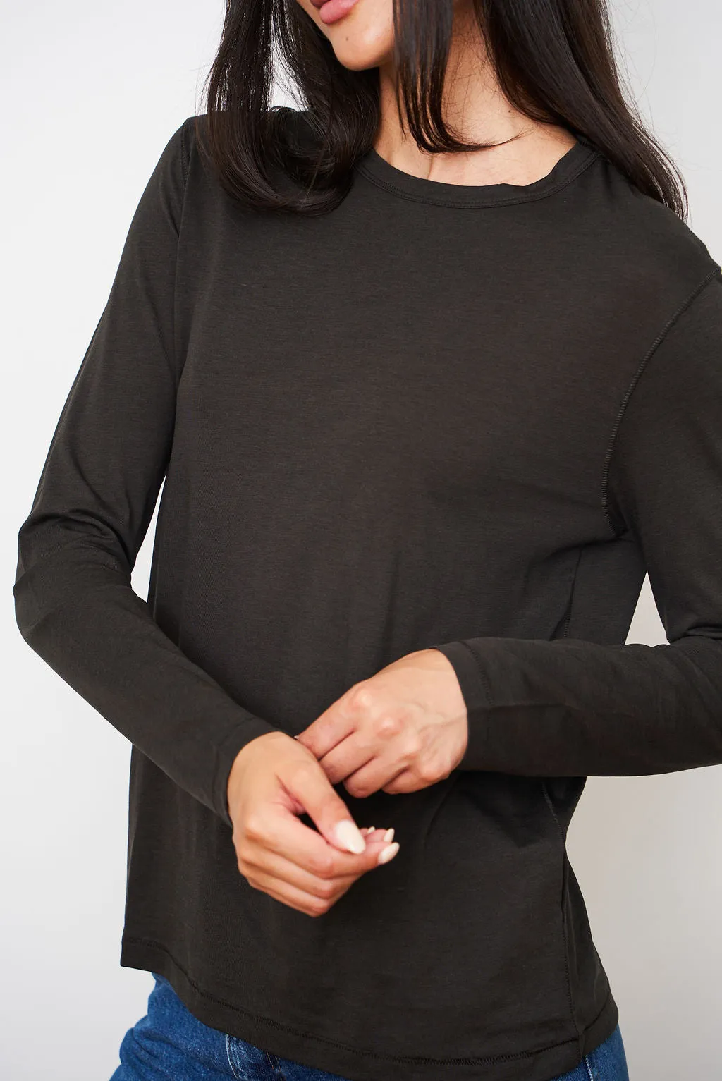 Lyocell Cotton Long Sleeve Semi Relaxed Crewneck in Coffee