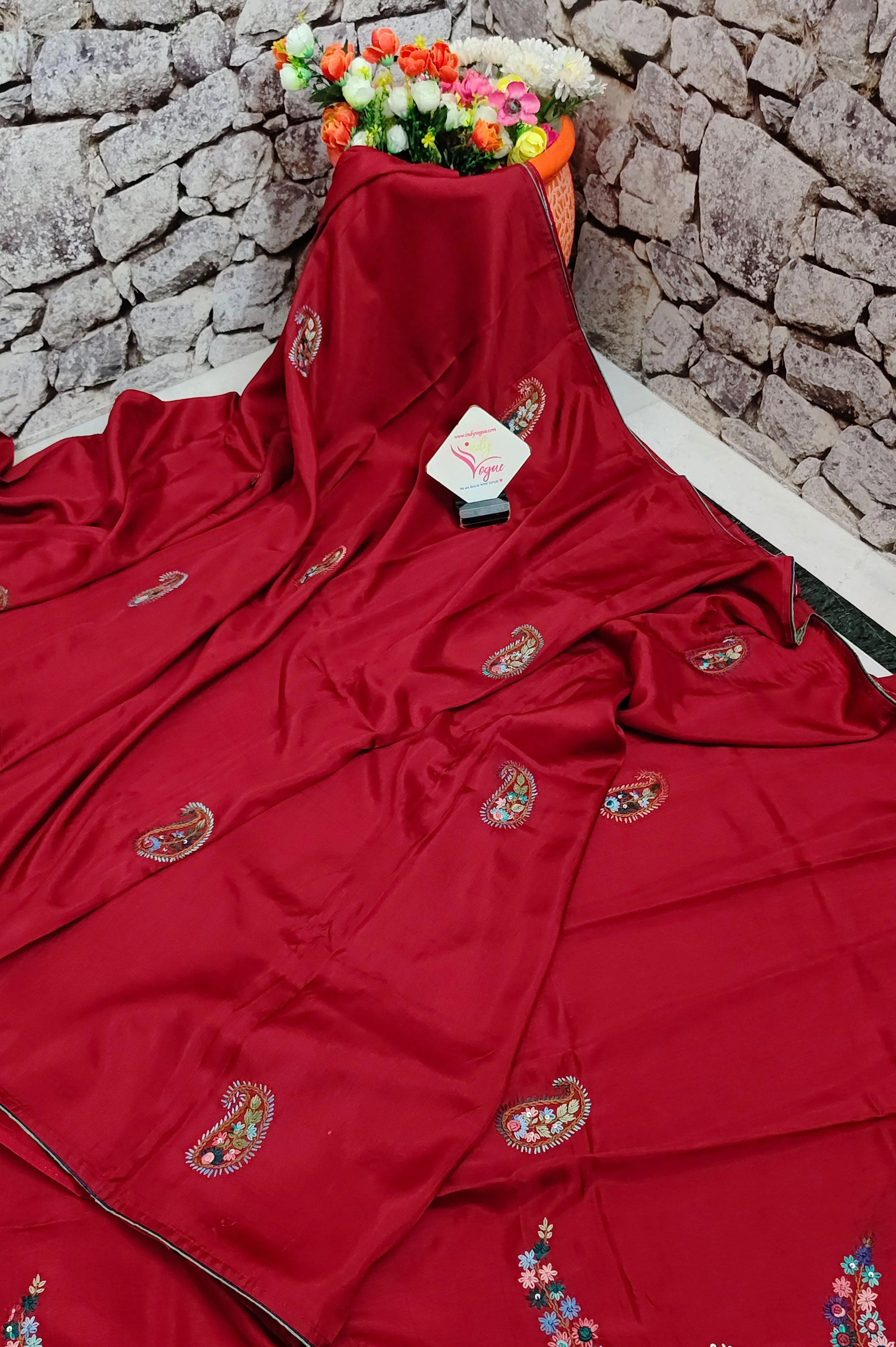 Maroon Color Chinon Silk with Hand Parsi & Bullion Embroidery