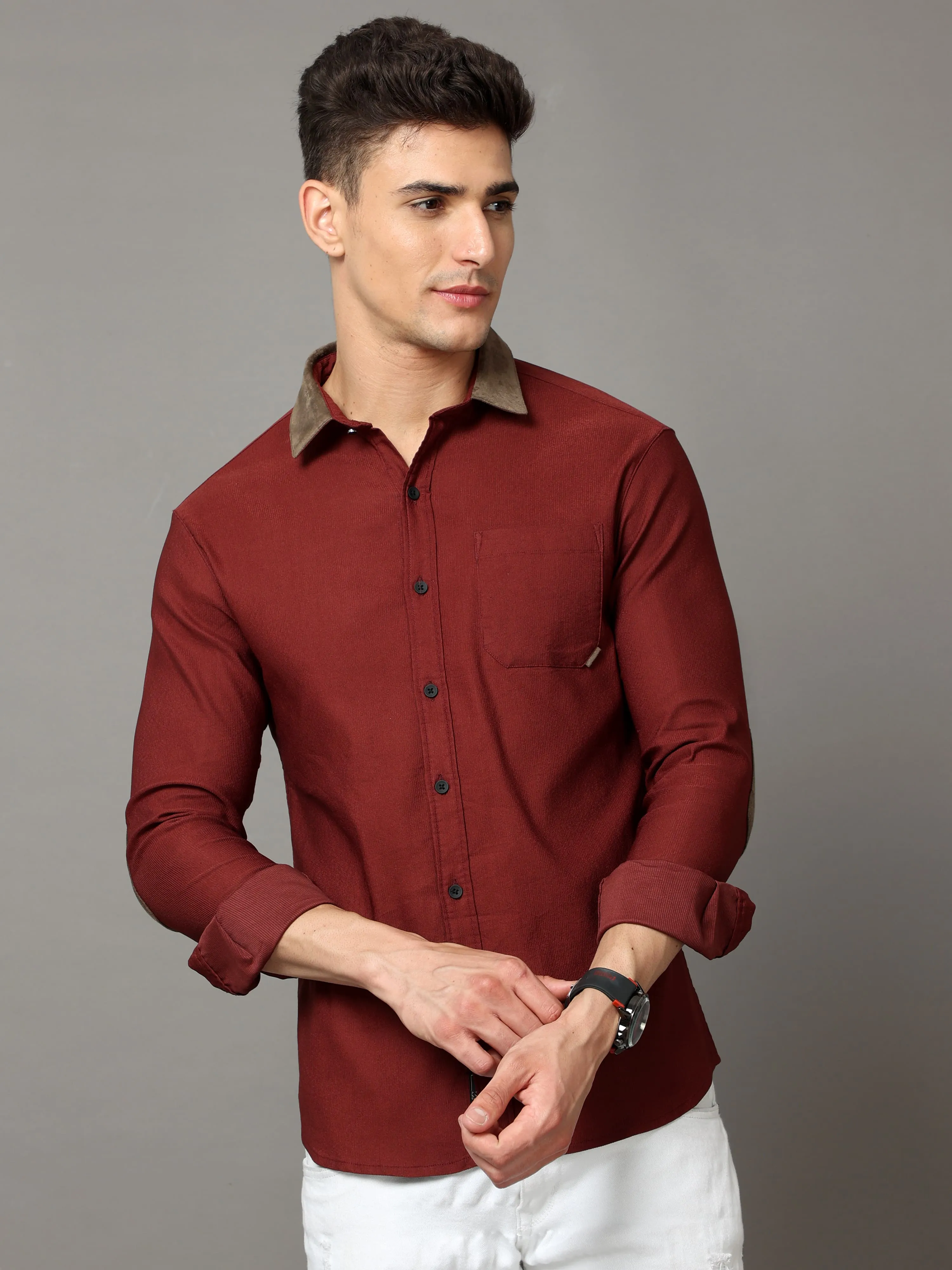 maroon cotton self stripe corduroy with leather constrast shirt