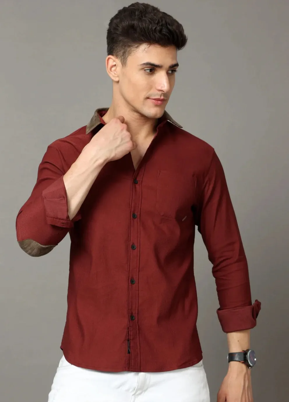 maroon cotton self stripe corduroy with leather constrast shirt