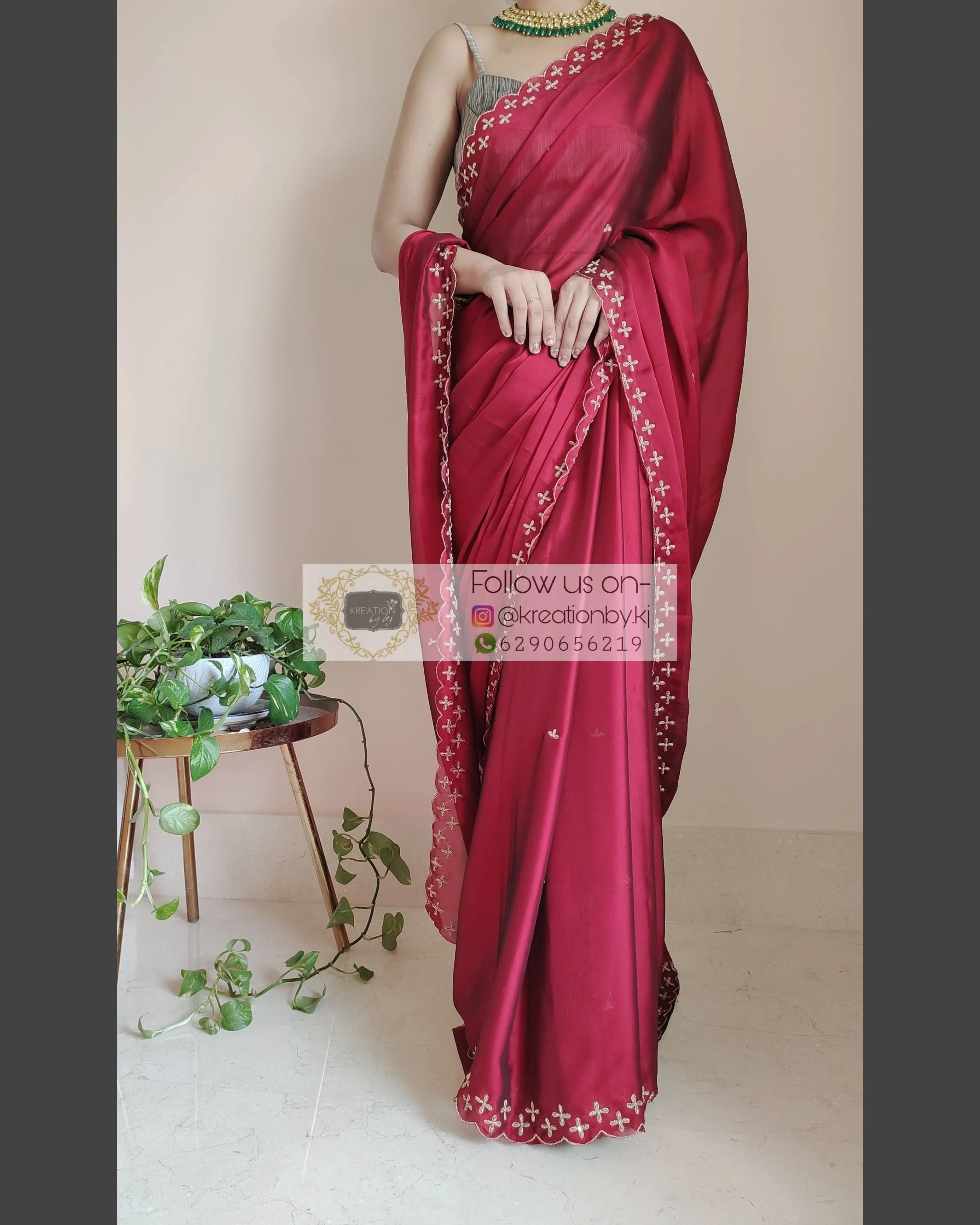 Maroon Georgette Silk Saree With Handembroidered Dabka Motifs On Border