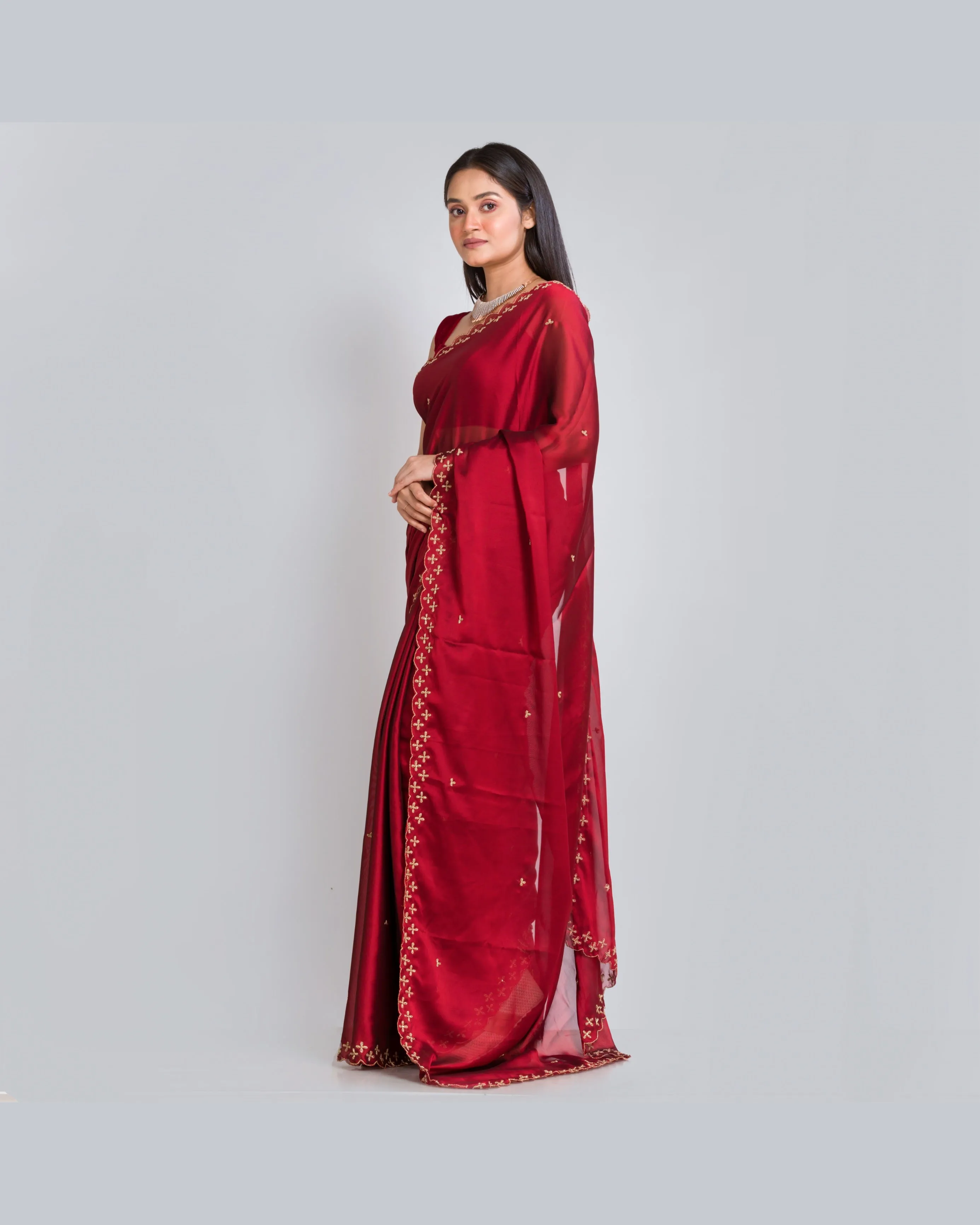 Maroon Georgette Silk Saree With Handembroidered Dabka Motifs On Border