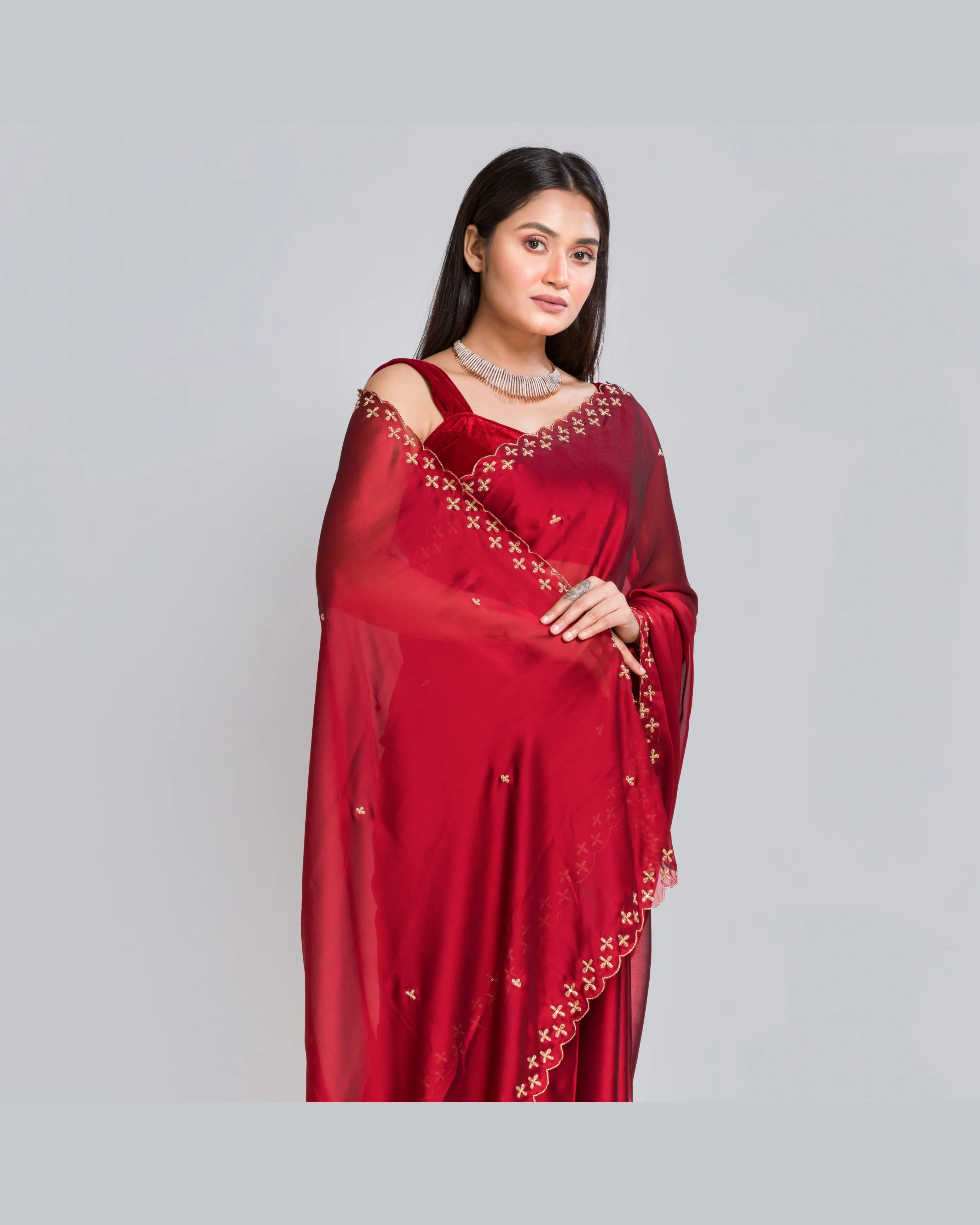 Maroon Georgette Silk Saree With Handembroidered Dabka Motifs On Border