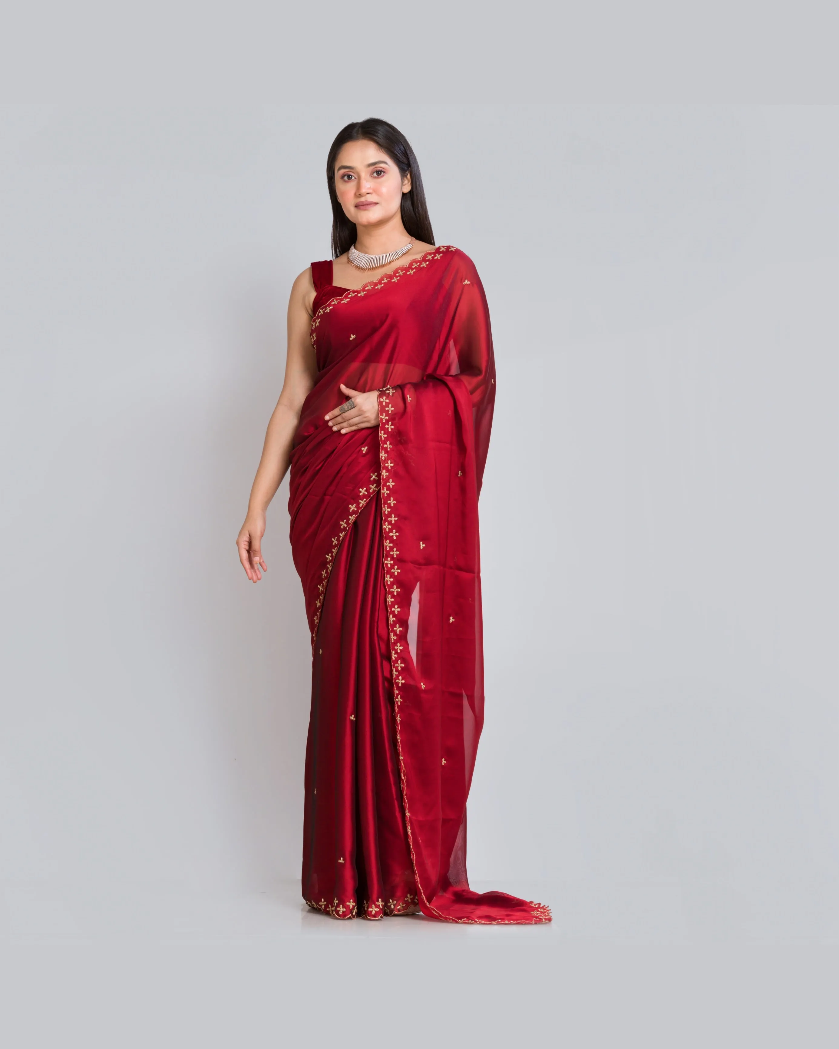 Maroon Georgette Silk Saree With Handembroidered Dabka Motifs On Border