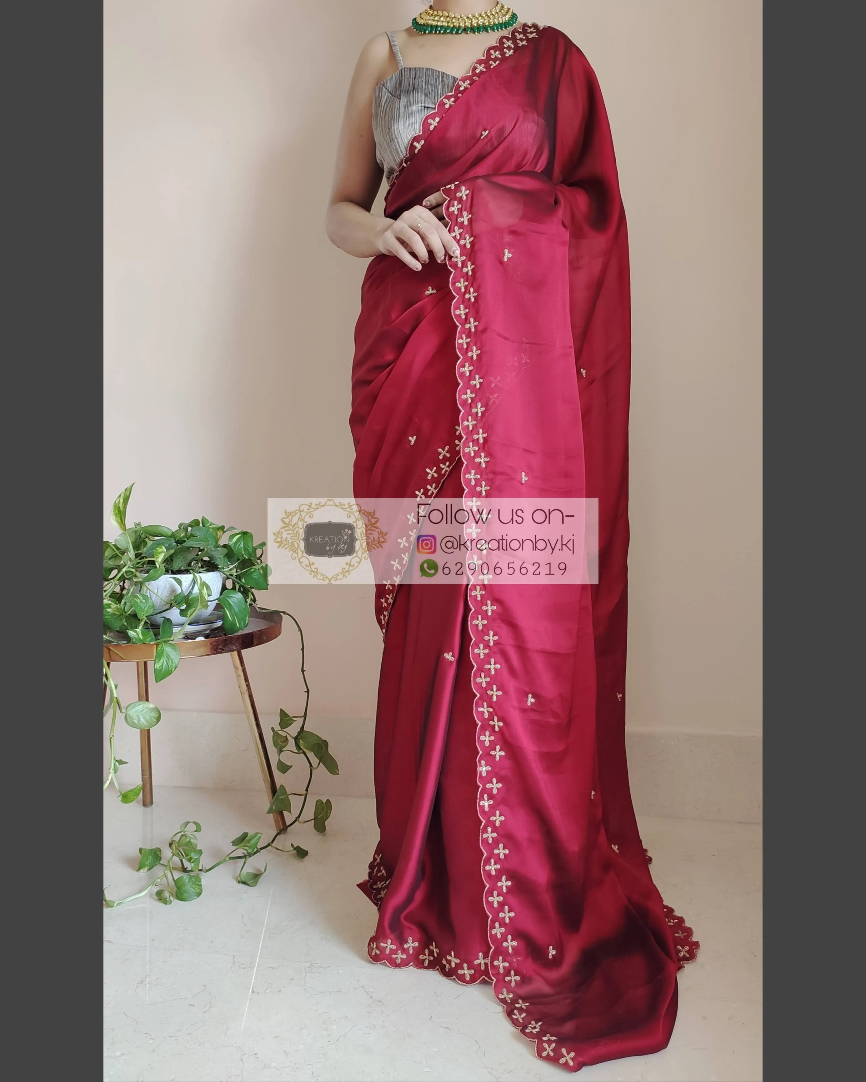 Maroon Georgette Silk Saree With Handembroidered Dabka Motifs On Border