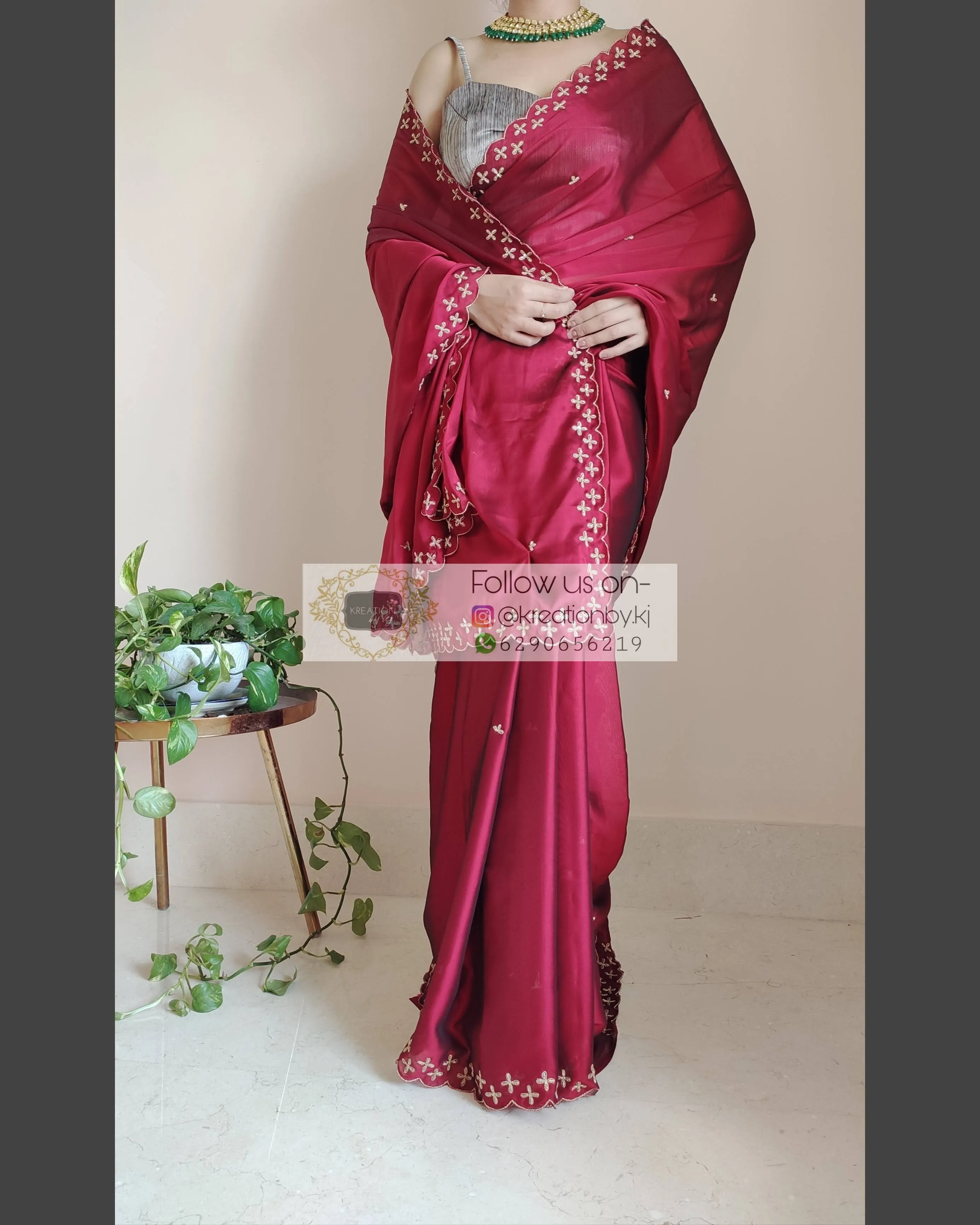 Maroon Georgette Silk Saree With Handembroidered Dabka Motifs On Border