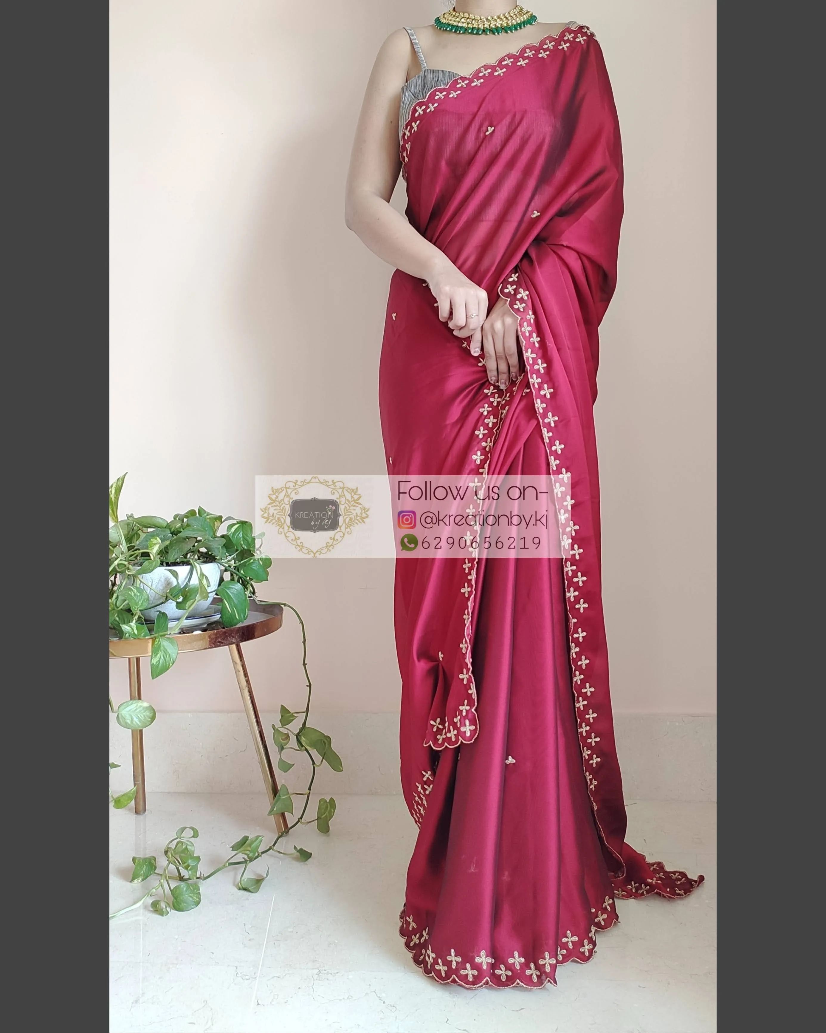 Maroon Georgette Silk Saree With Handembroidered Dabka Motifs On Border