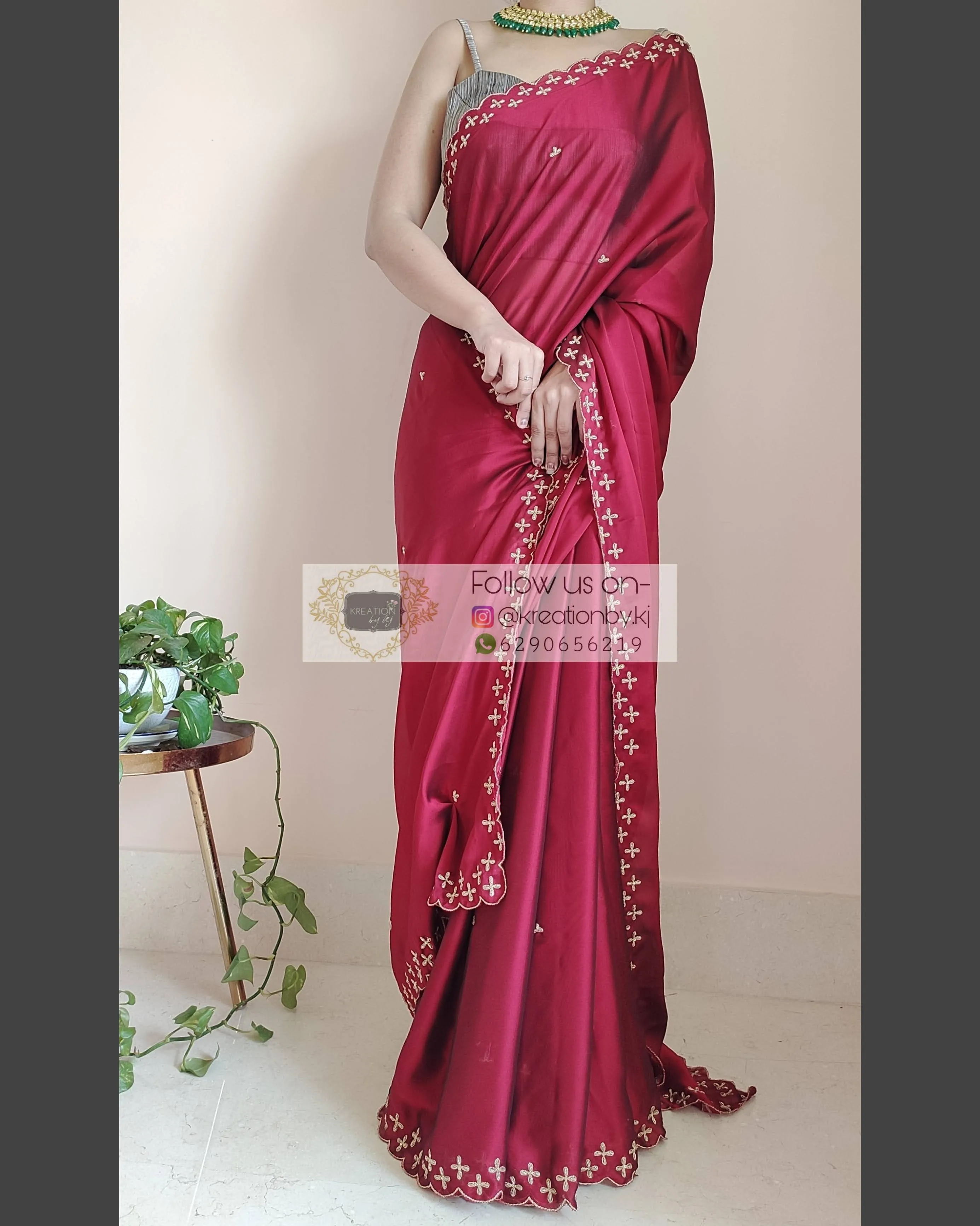 Maroon Georgette Silk Saree With Handembroidered Dabka Motifs On Border