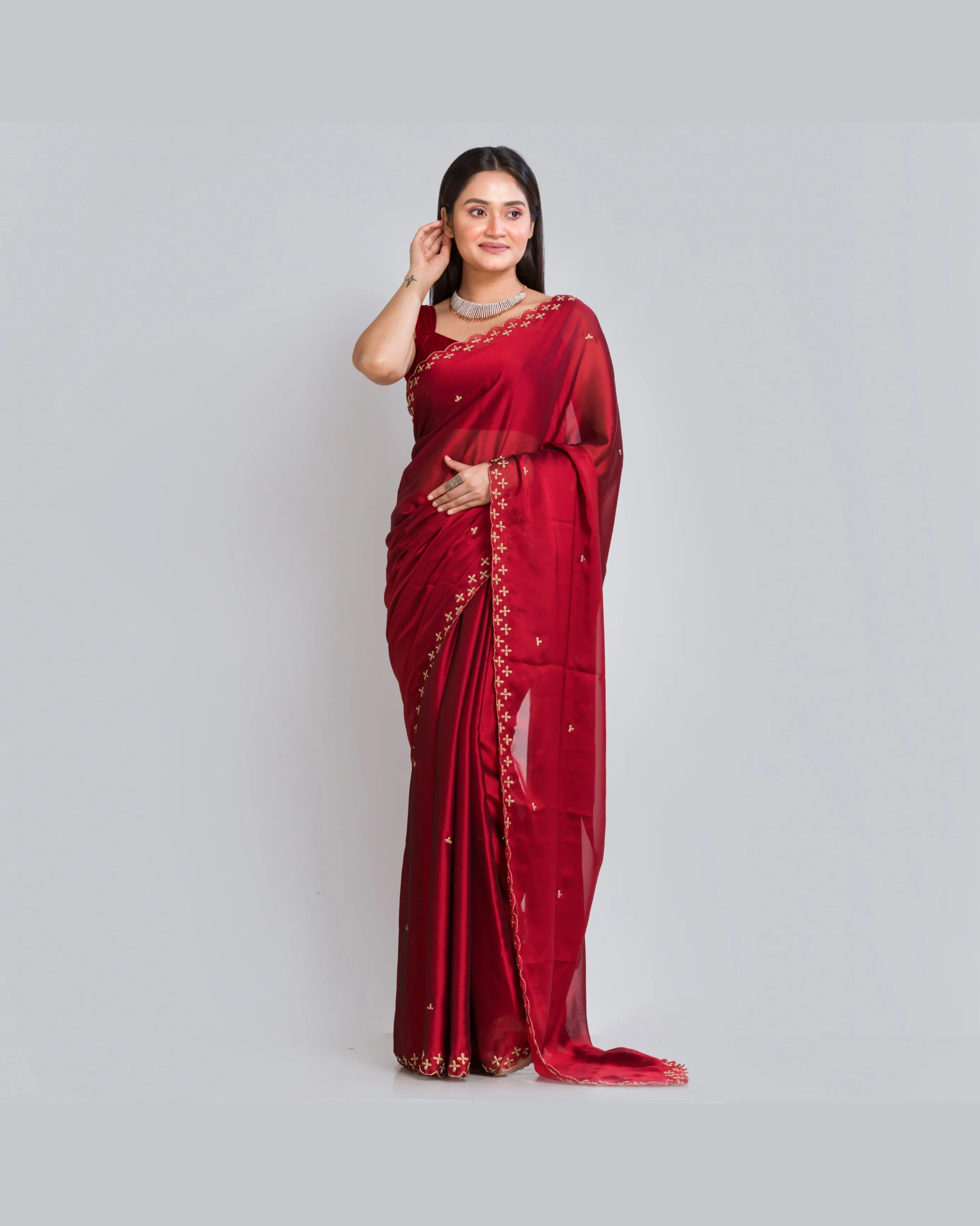 Maroon Georgette Silk Saree With Handembroidered Dabka Motifs On Border