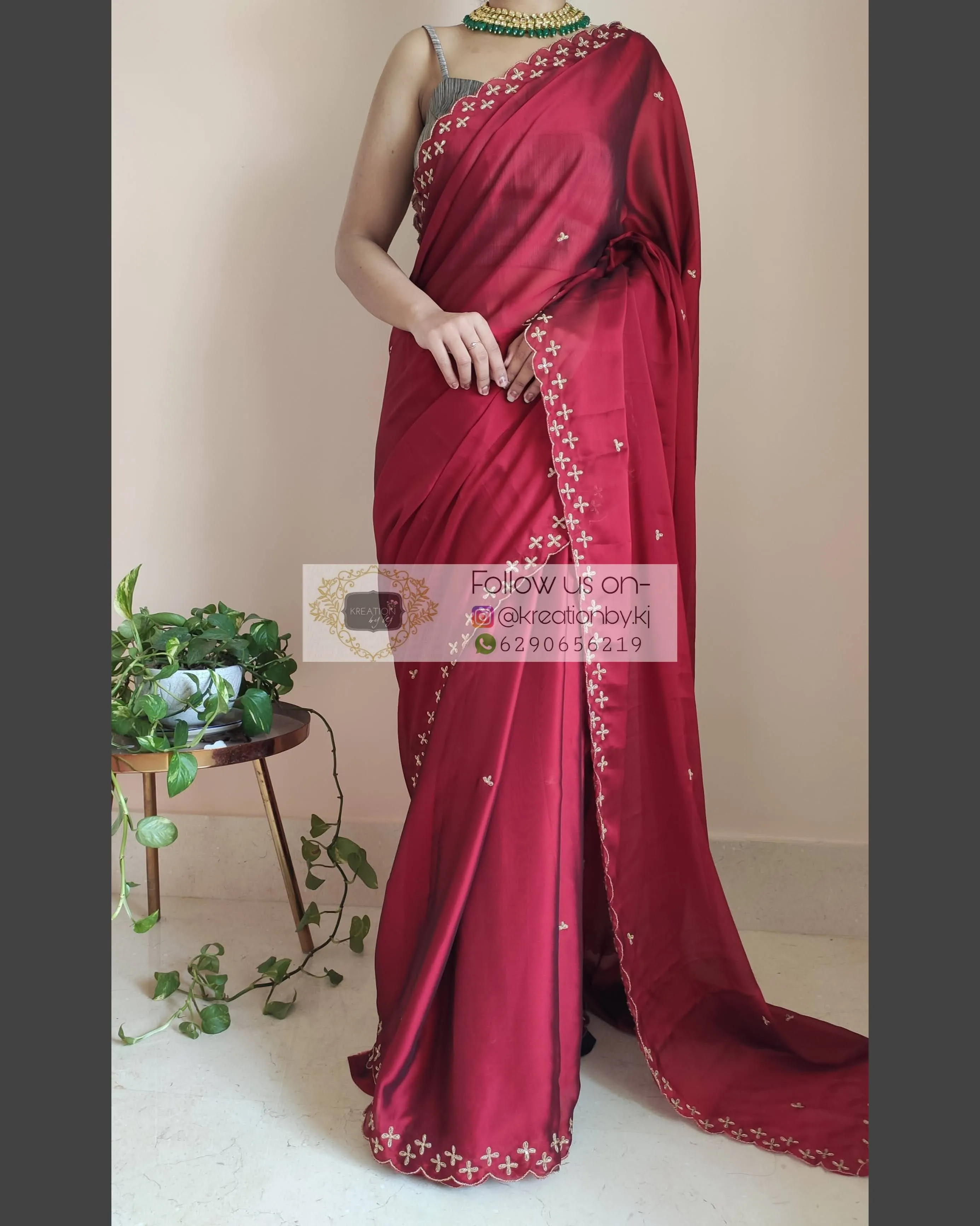 Maroon Georgette Silk Saree With Handembroidered Dabka Motifs On Border