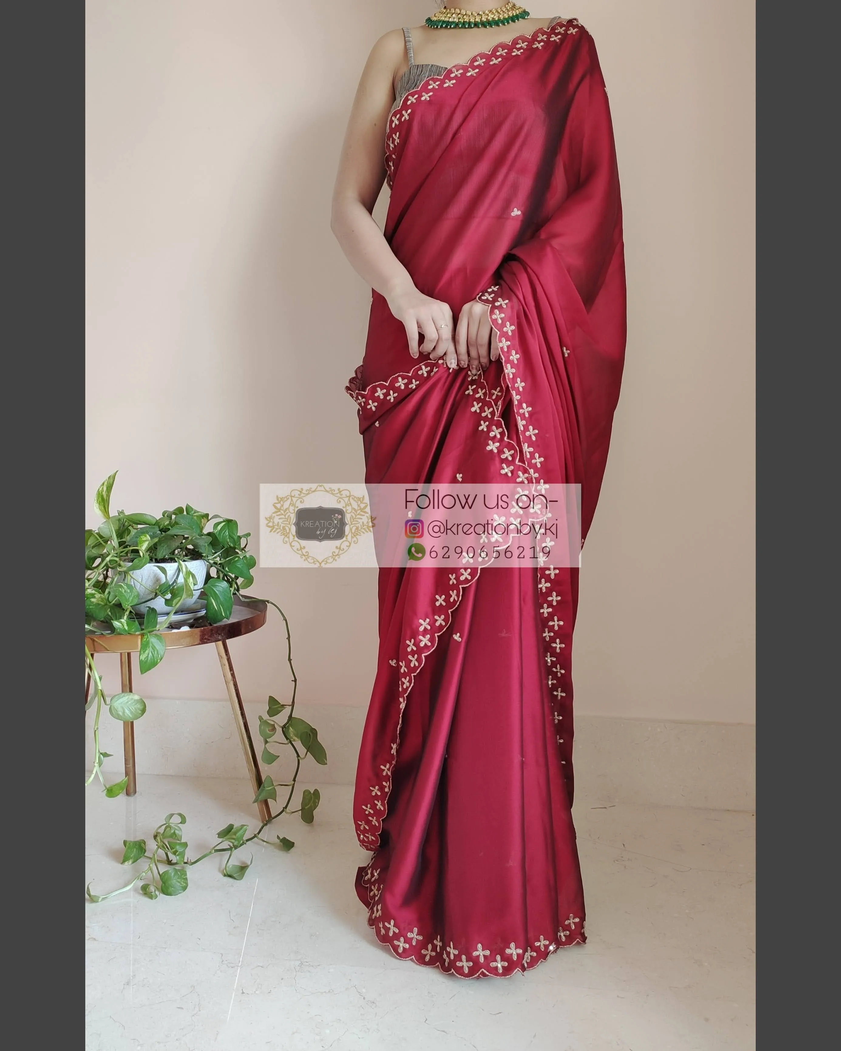 Maroon Georgette Silk Saree With Handembroidered Dabka Motifs On Border