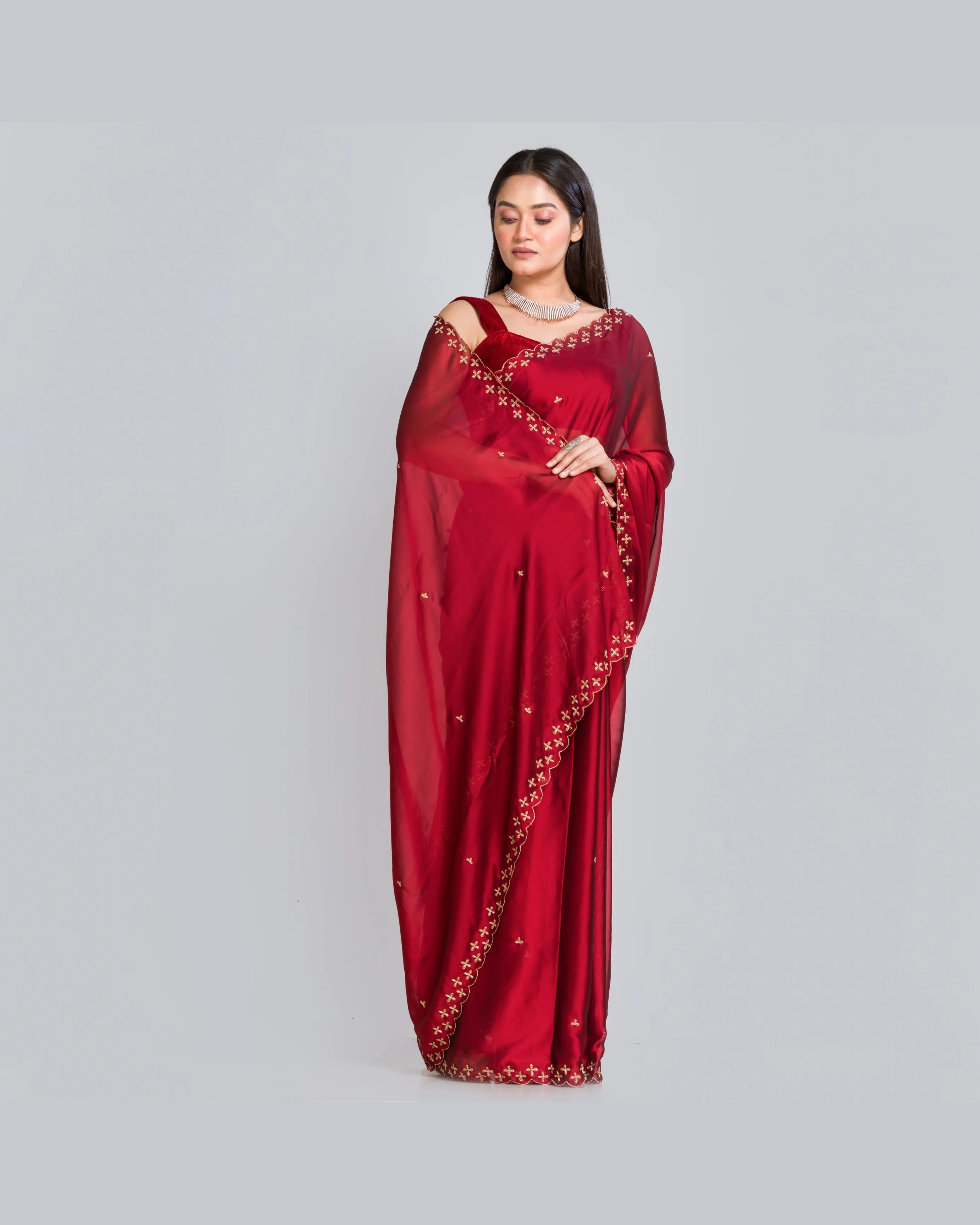 Maroon Georgette Silk Saree With Handembroidered Dabka Motifs On Border