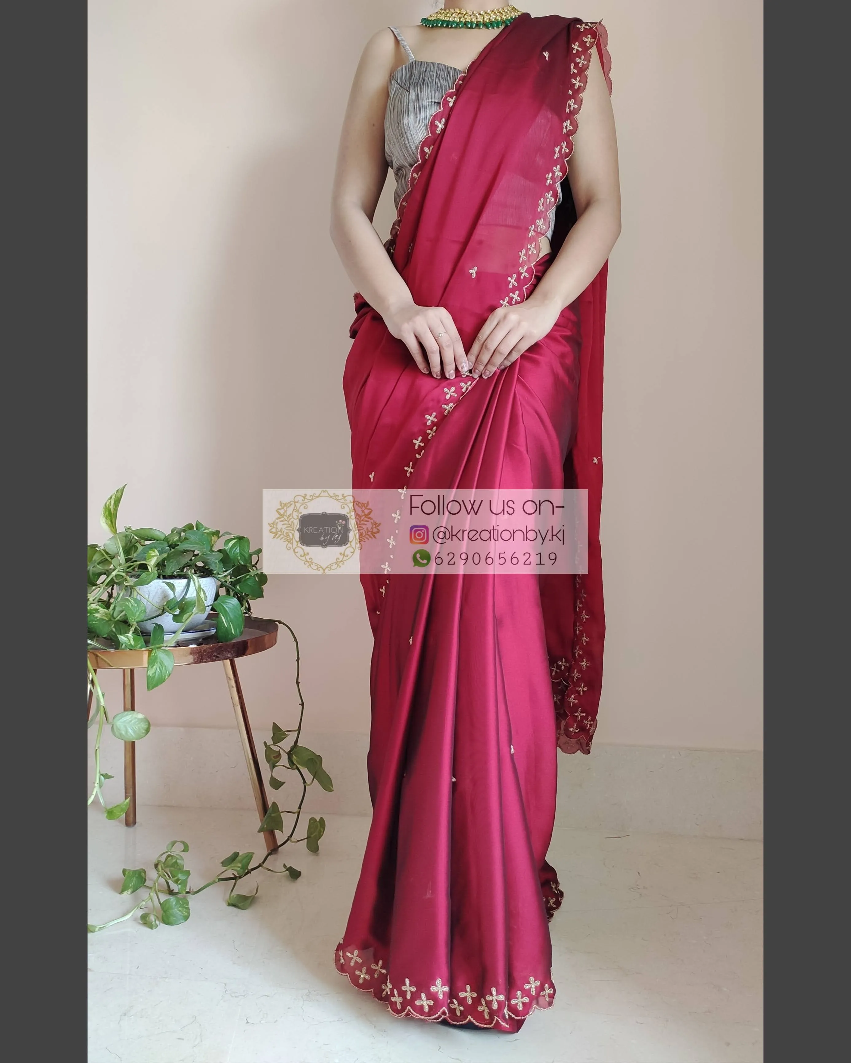 Maroon Georgette Silk Saree With Handembroidered Dabka Motifs On Border