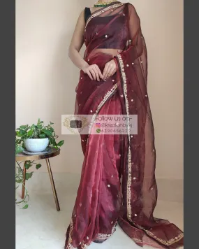 Maroon Glass Tissue Saree With Kasab And Cutdana Border