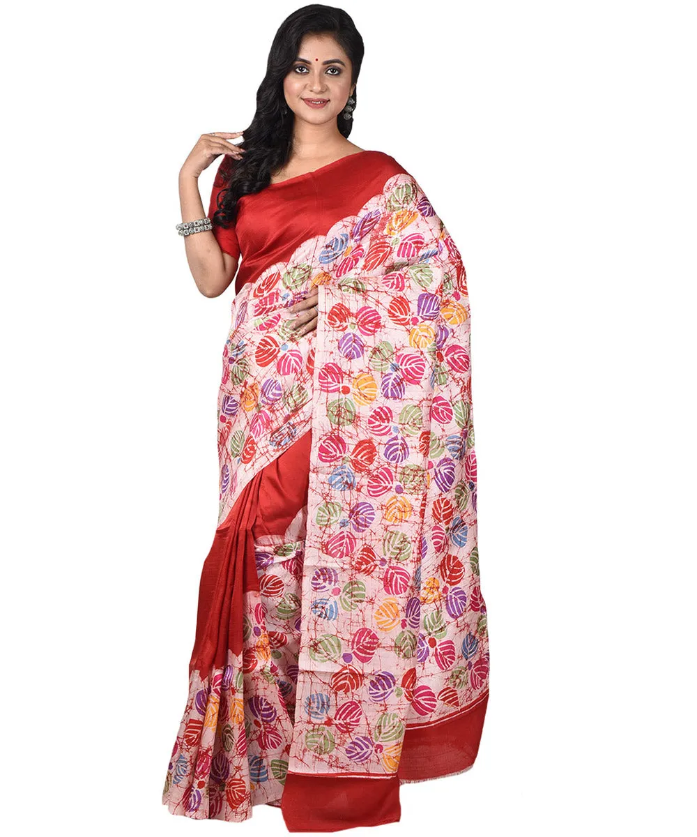 Maroon multicolor handloom batik print silk saree