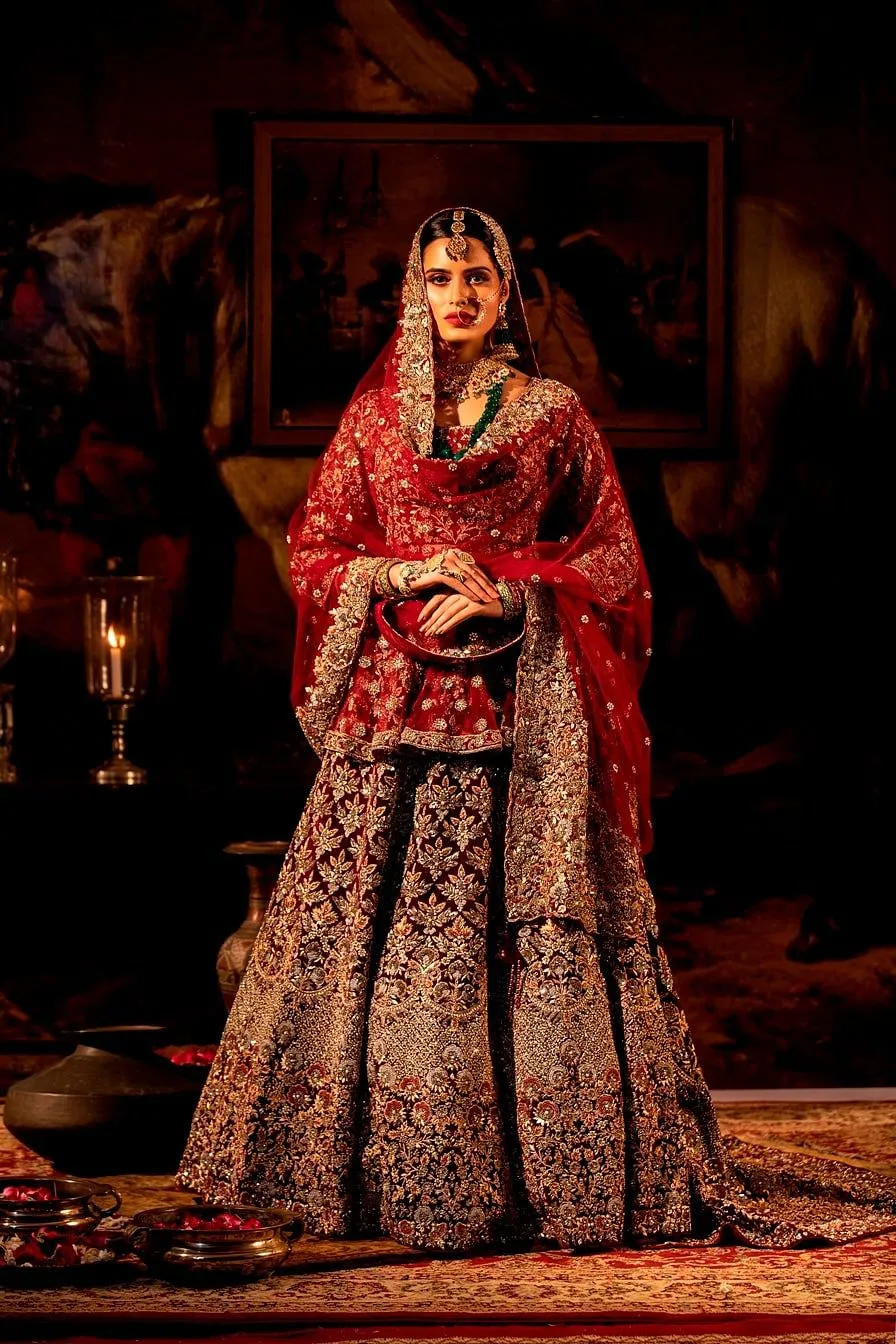 Maroon peplum with Trail Lehenga Set.